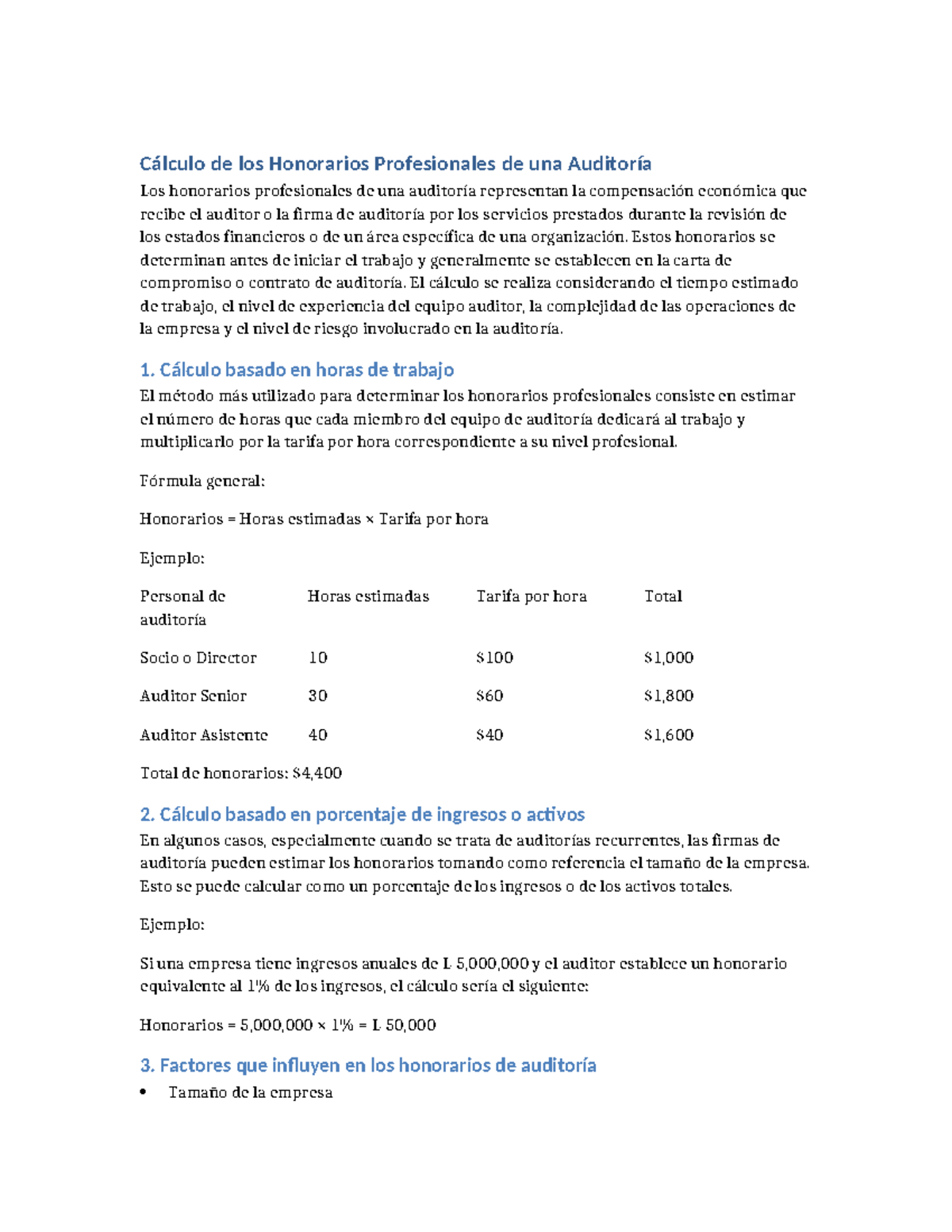 Cálculo de Honorarios de Auditoría: Métodos y Factores Clave - Studocu