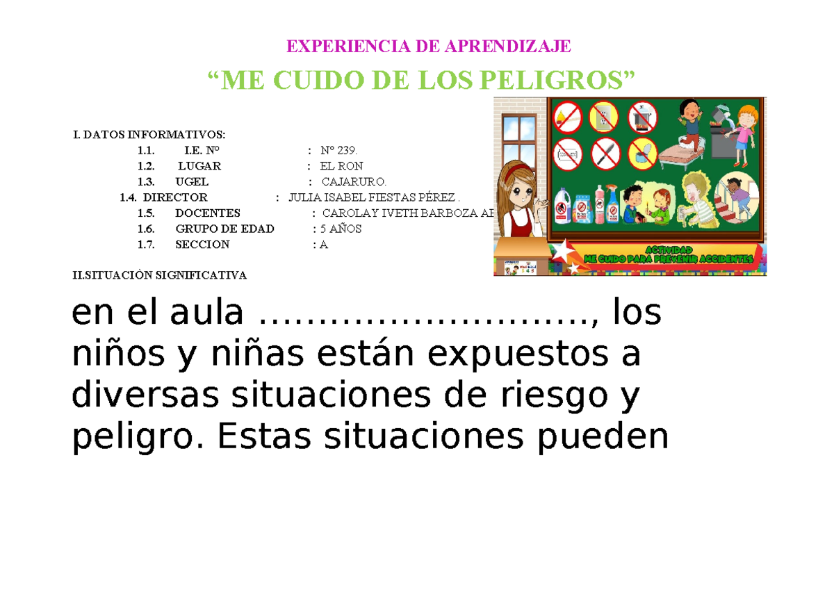 Experiencia de Aprendizaje: "Me Cuido de los Peligros" - I.E. N° 239 - Document Preview