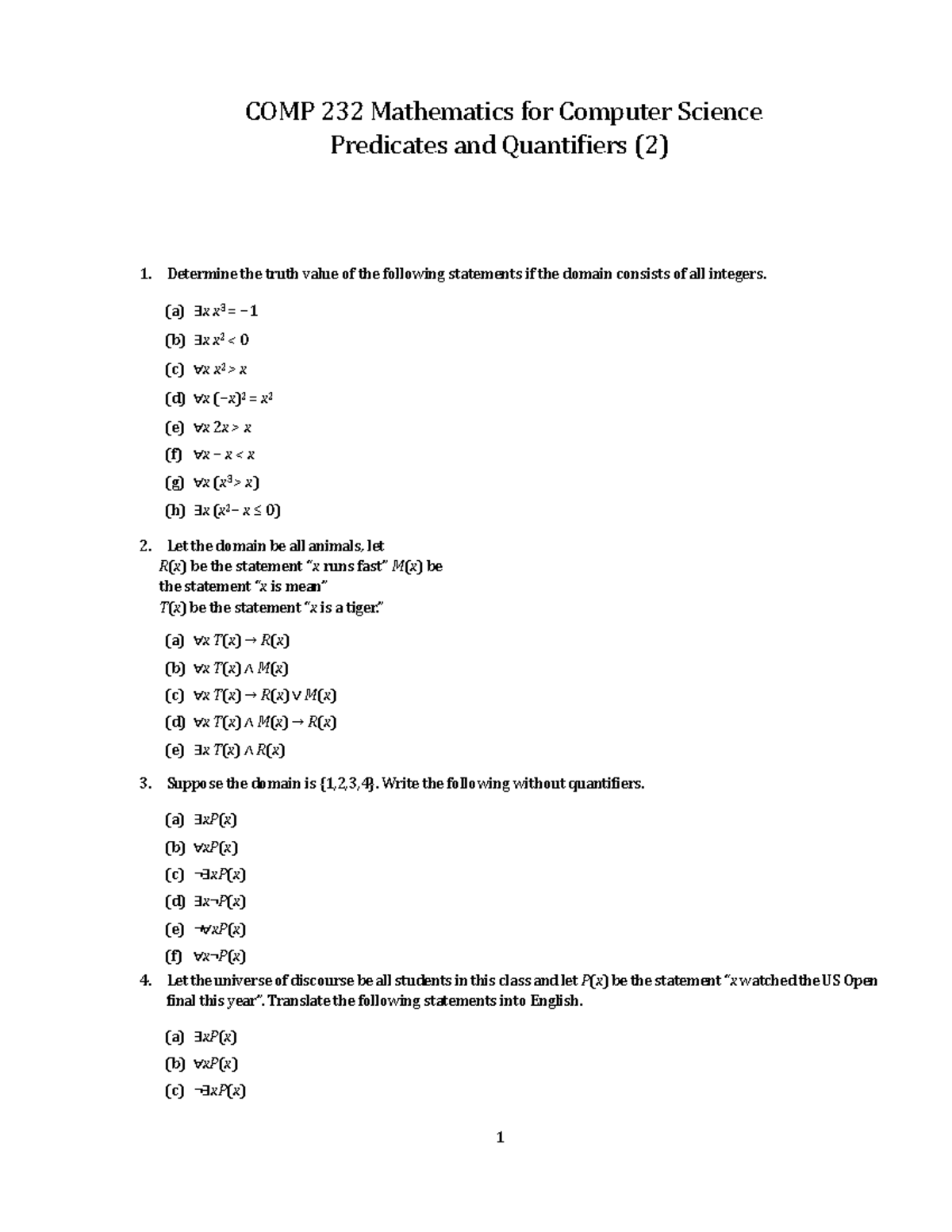 COMP 232 Worksheet: Truth Values, Quantifiers, and Logic Statements ...