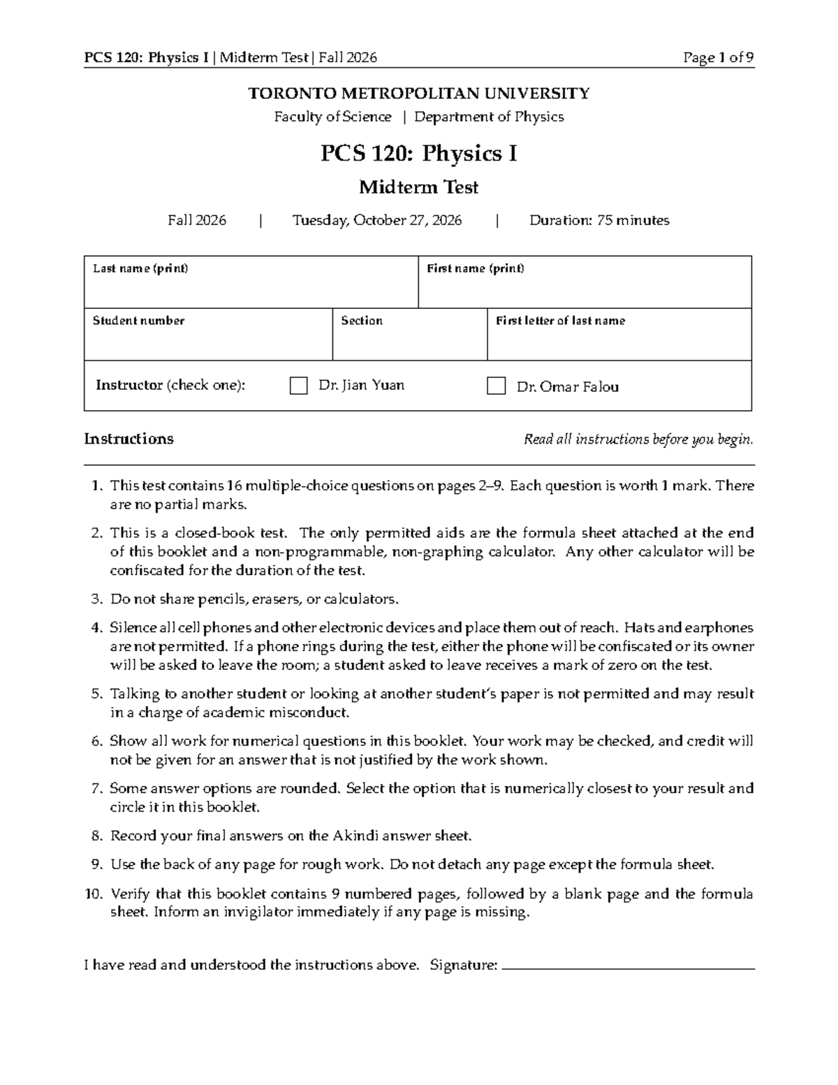 PCS 120: Physics I Midterm Test Cover Page Fall 2026 - Studocu