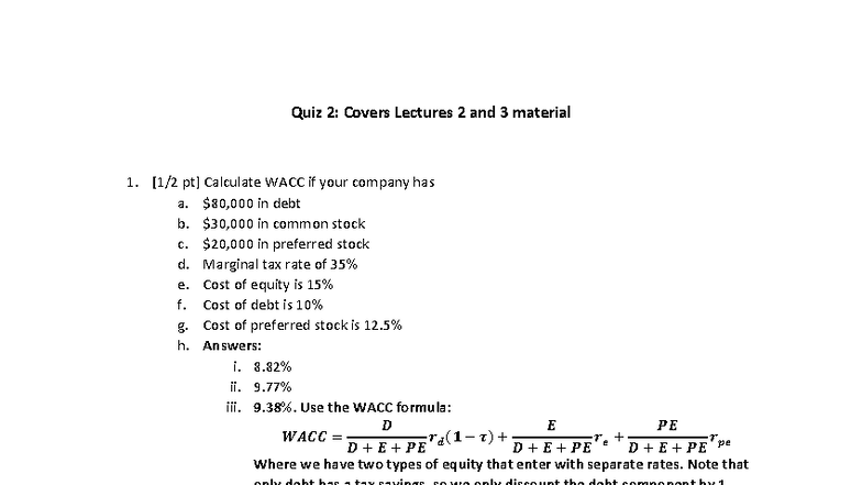 Quiz 2: WACC Calculations and Company Valuation Insights - Studocu