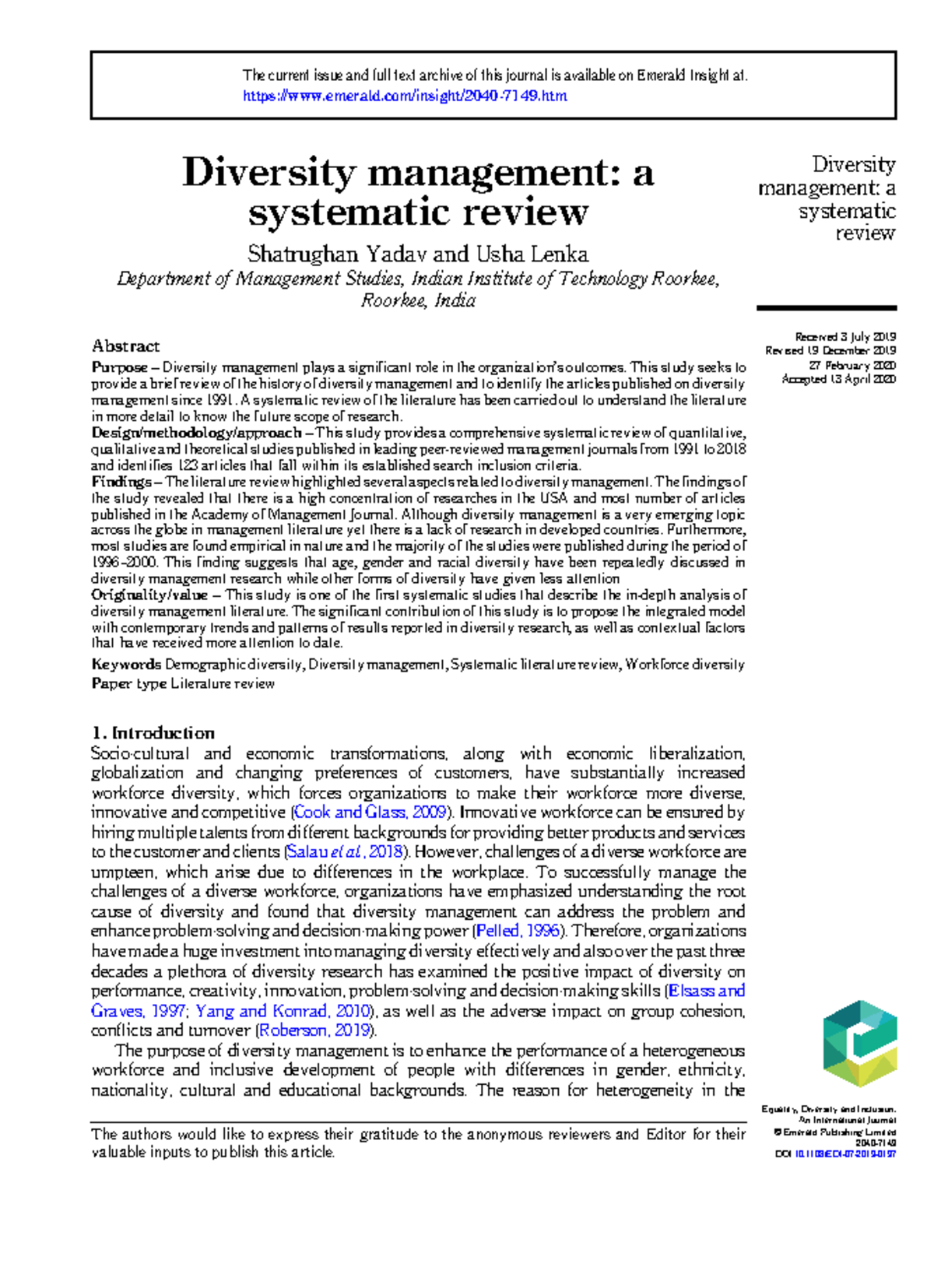 Diversity Management: A Systematic Review (EDI) - Studocu