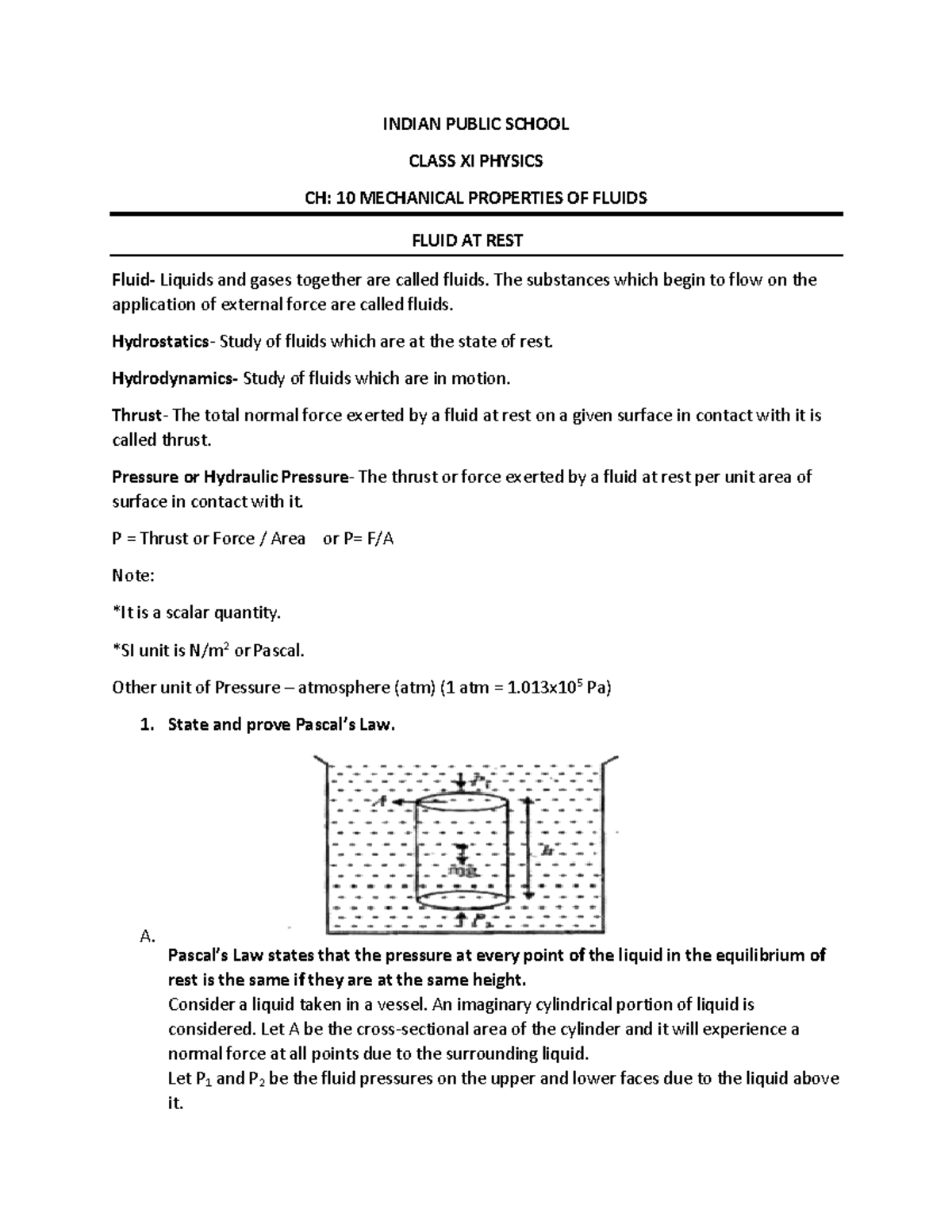 Class XI Physics: Ch 10 Mechanical Properties of Fluids - Fluid at Rest ...