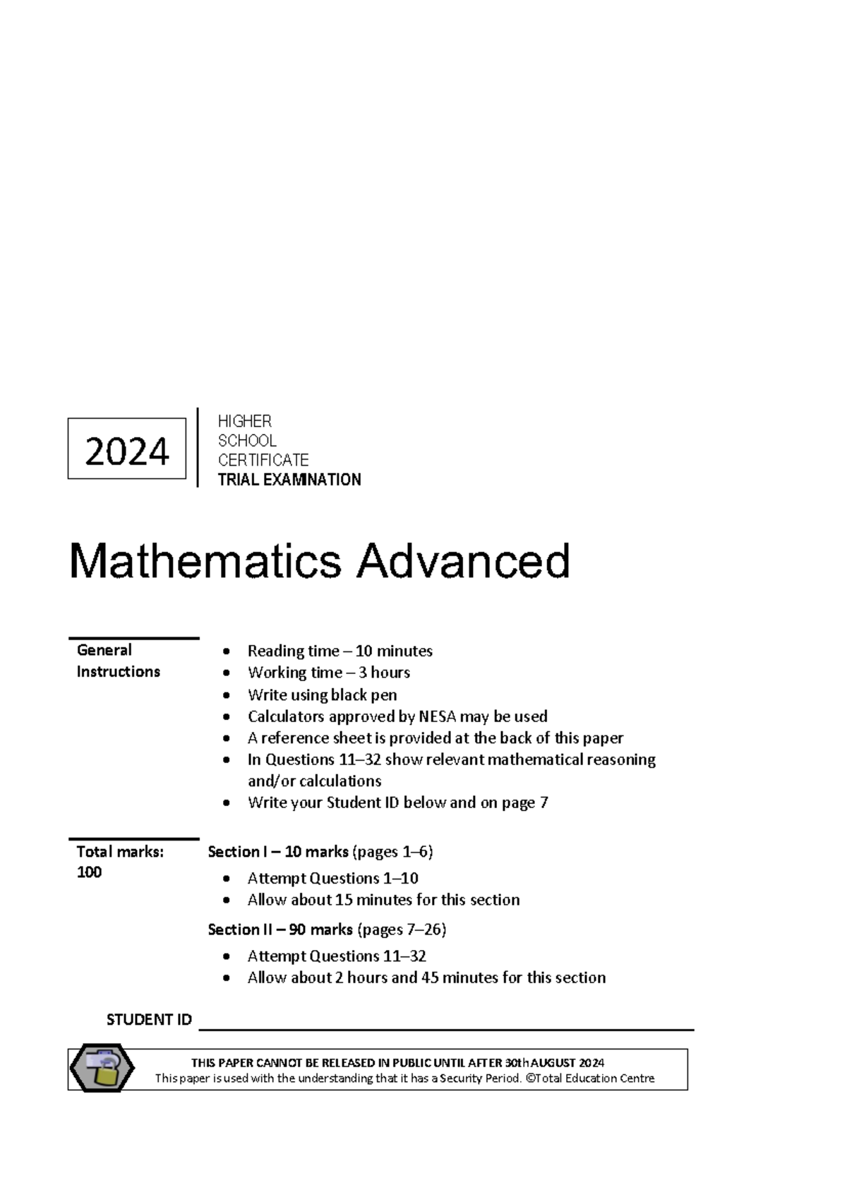 2024 HSC Mathematics Advanced Trial Exam Instructions and Questions ...