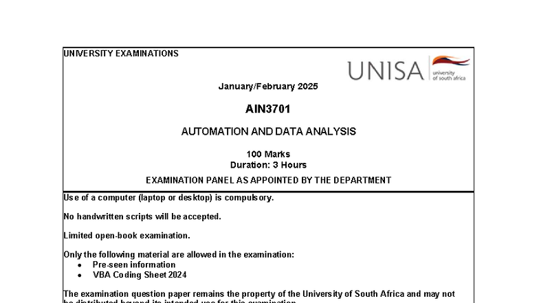AIN3701 - Final Exam Instructions and Questions: Jan/Feb 2025 - Studocu
