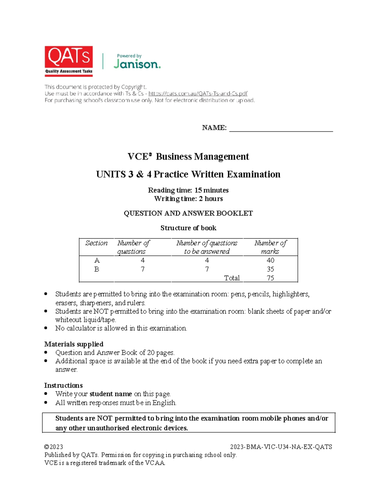VCE® Business Management Units 3 & 4 Practice Exam 2023-BMA-VIC-U34-NA ...