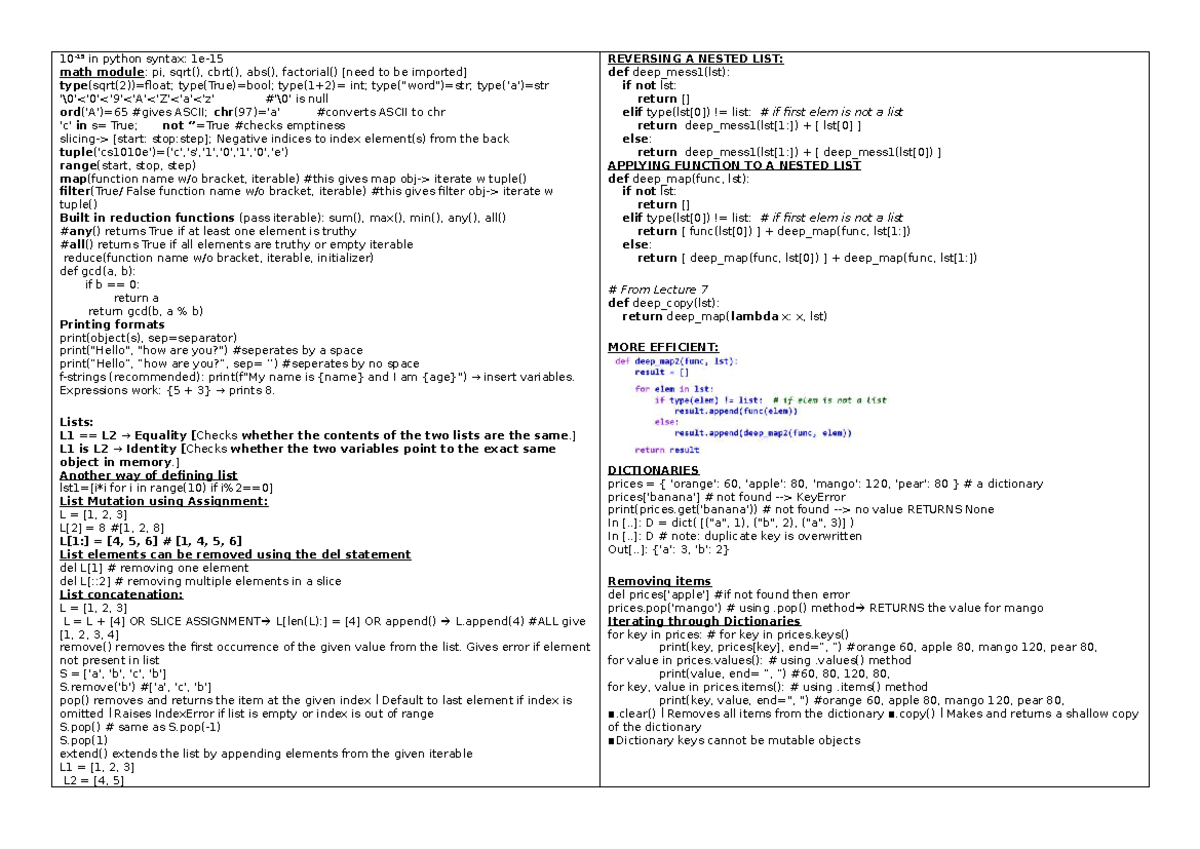 CS PE Cheatsheet: Python Math Module & List Operations - Studocu