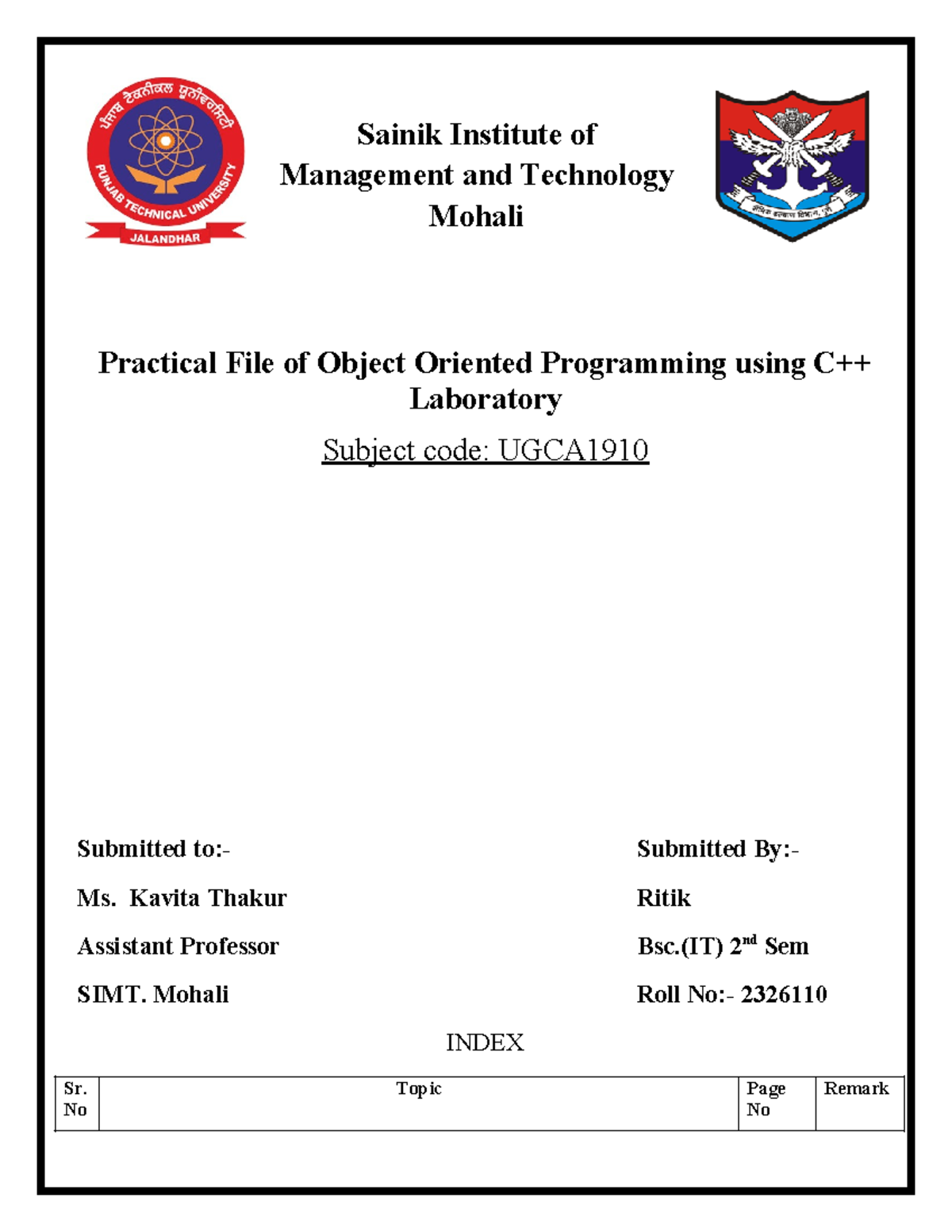 CPP File - Object Oriented Programming using C++ (UGCA1910) - Practical ...