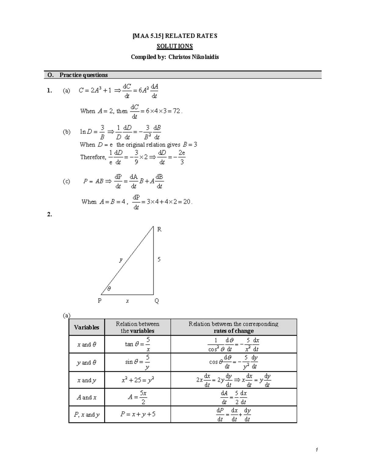 [MAA 5.15] Related Rates Solutions: Practice Questions and Exam Style ...