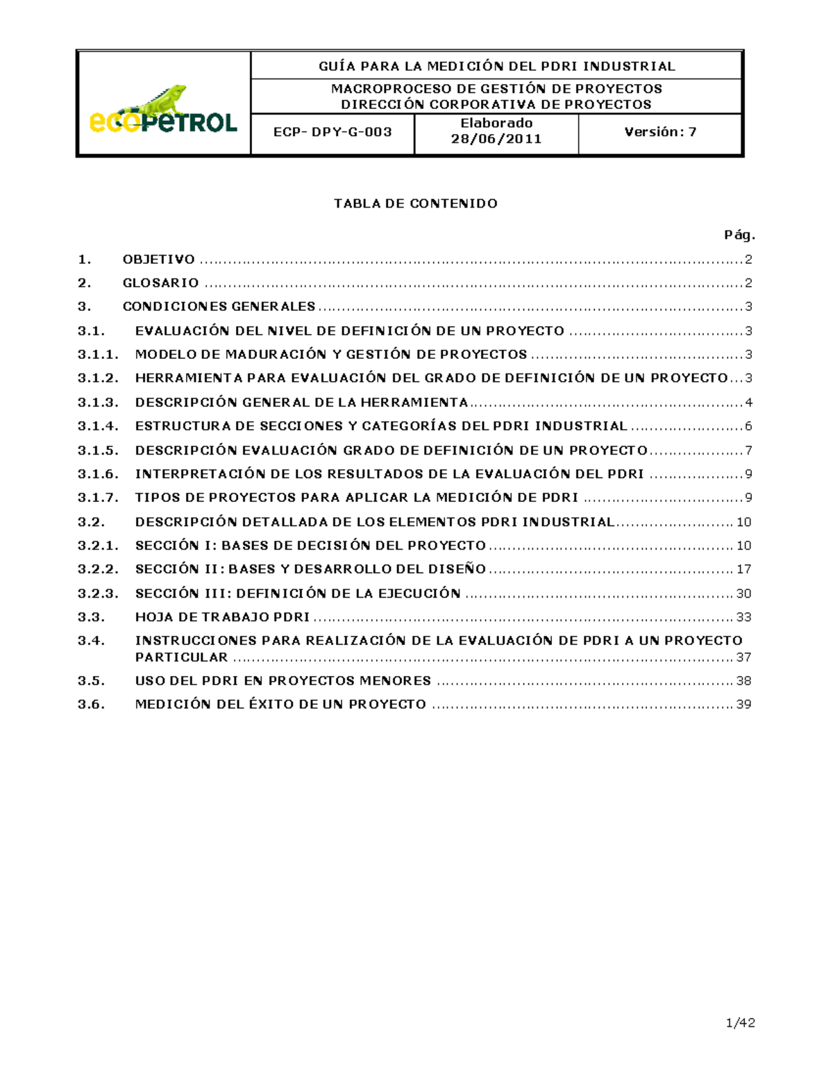 ECP-DPY-G-003 Guía de Medición del Índice PDRI V7 en Proyectos - Studocu