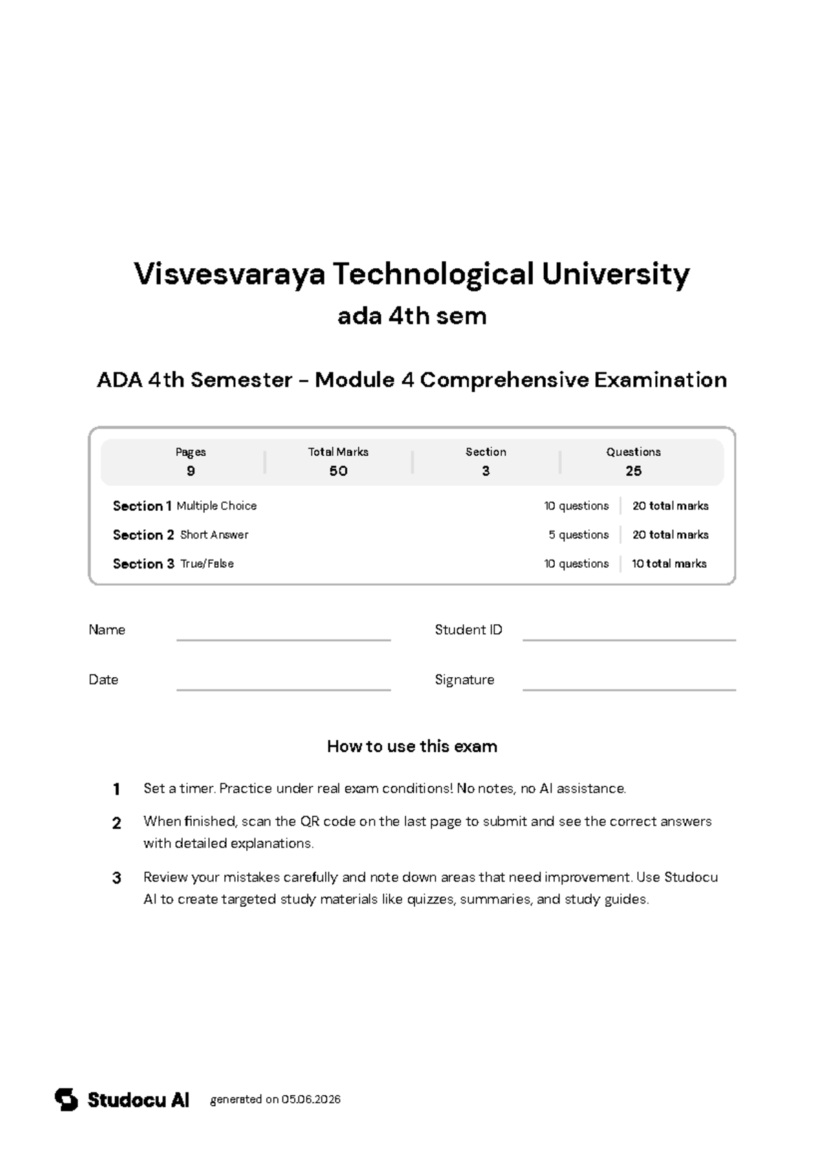 ADA 4th Sem - Module 4 Comprehensive Exam - Studocu