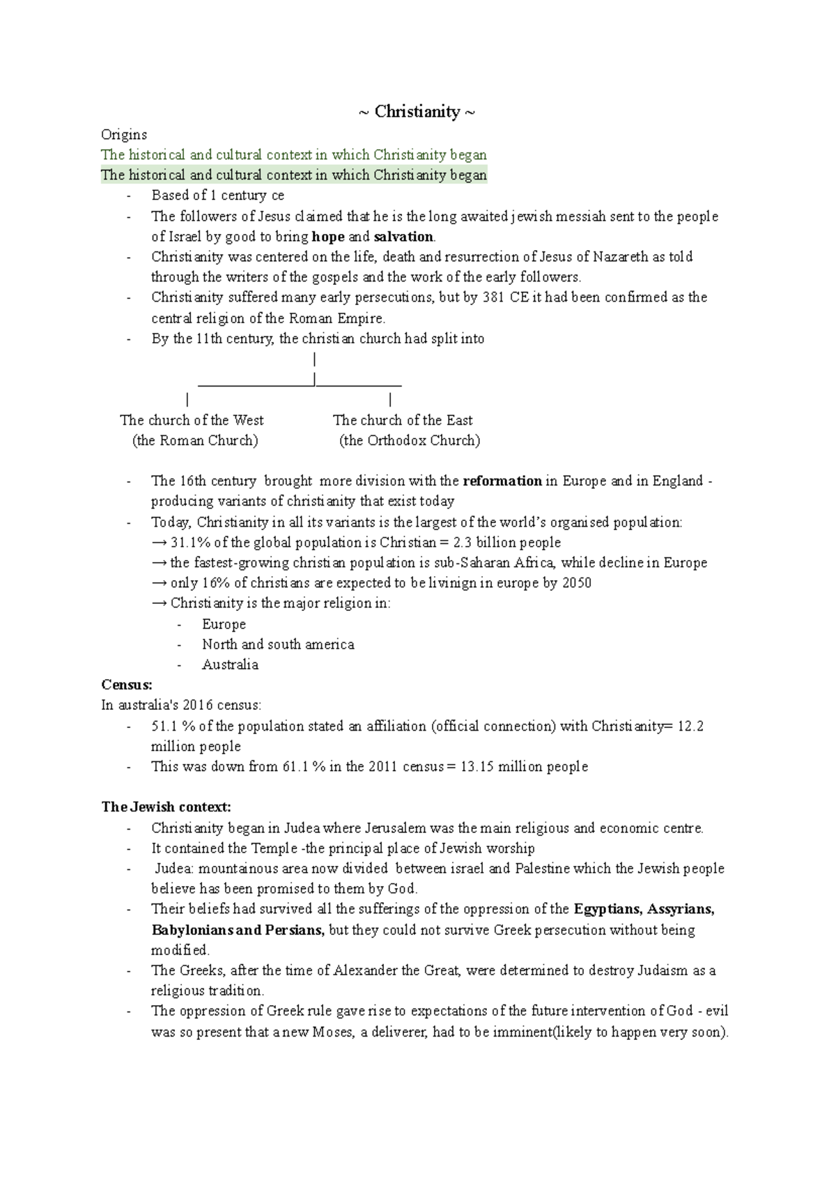 Christianity 101 - Comprehensive Notes on Origins and Beliefs - Studocu