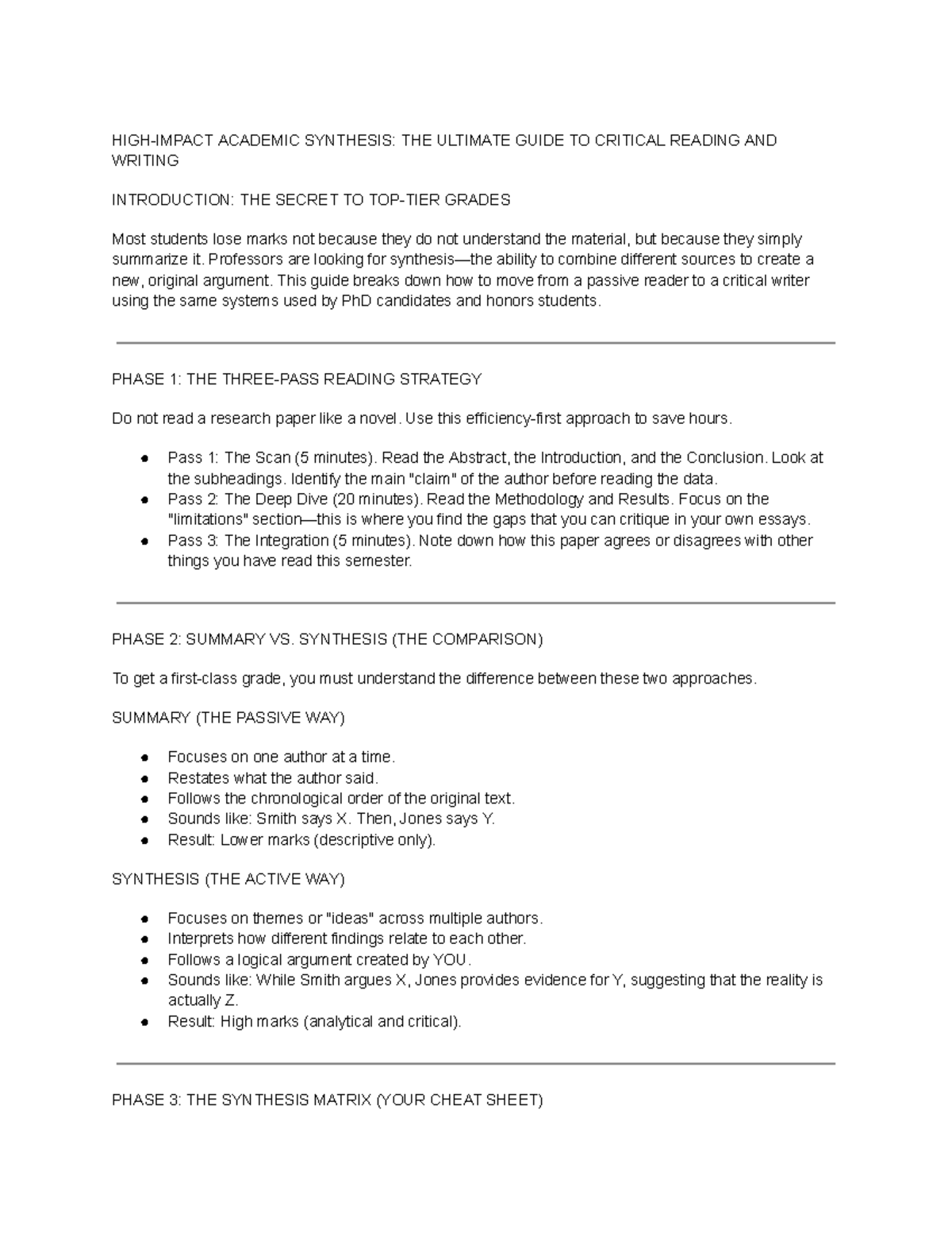 ACADEMIC SYNTHESIS: ULTIMATE GUIDE TO CRITICAL READING & WRITING - Studocu
