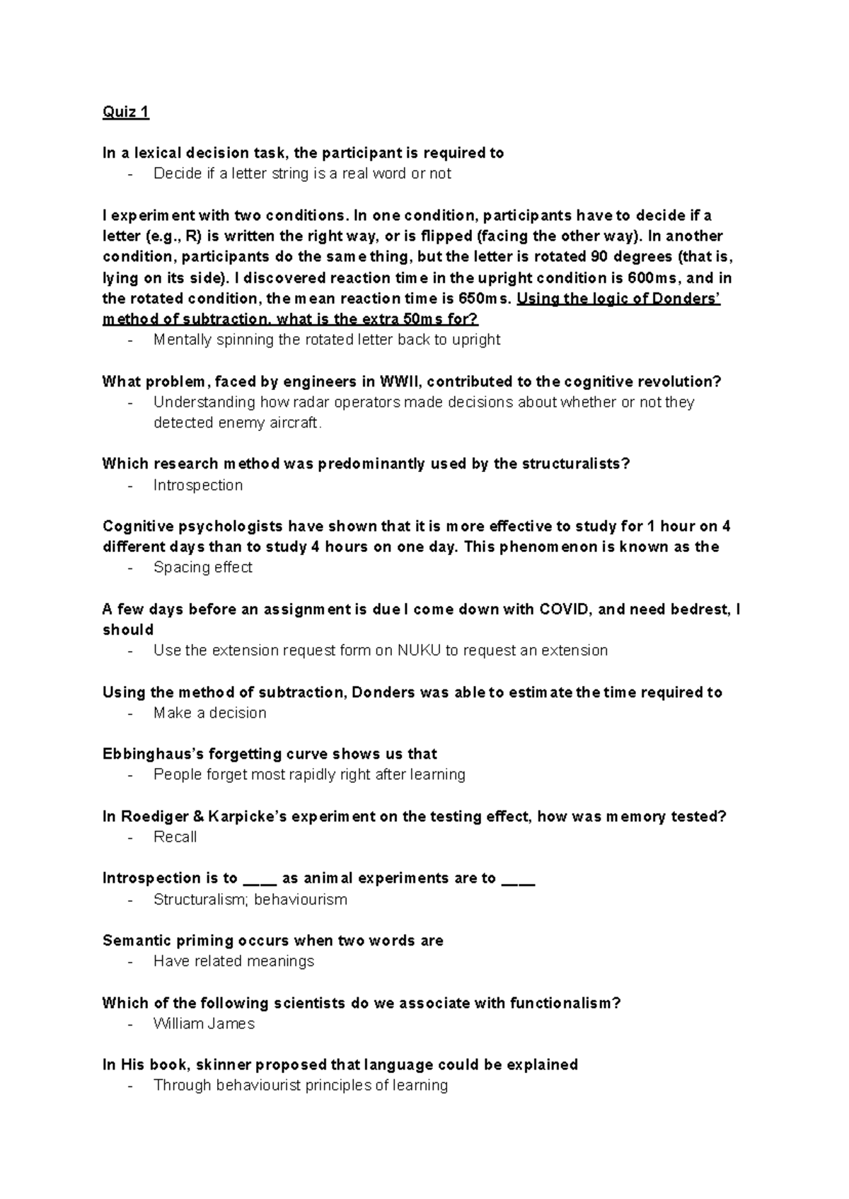 Quiz Questions and Answers - Cognitive Psychology (PSY 101) - Studocu