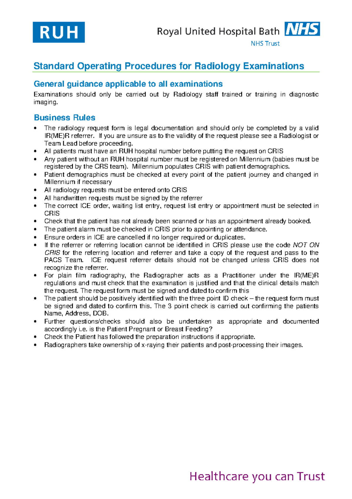 Radiology Dept SOPs for Examinations: Guidelines & Protocols - Studocu