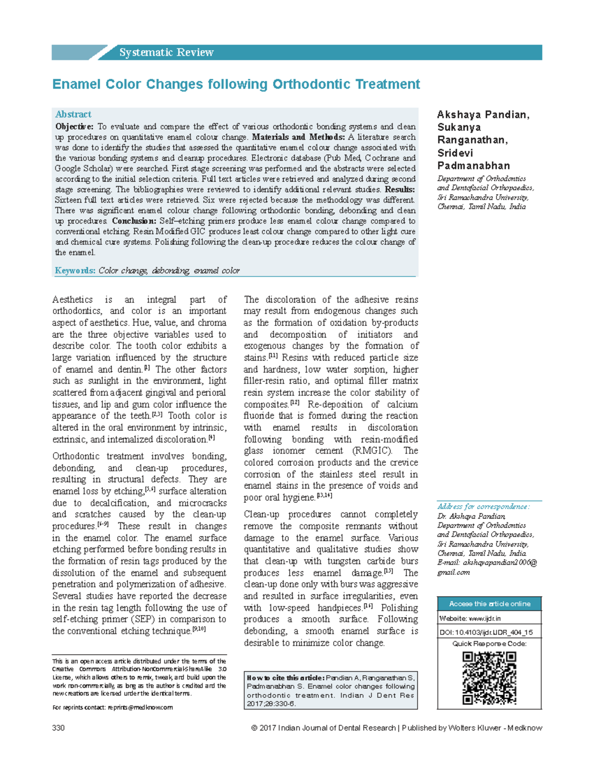 Systematic Review: Enamel Color Changes Post-Orthodontic Treatment ...