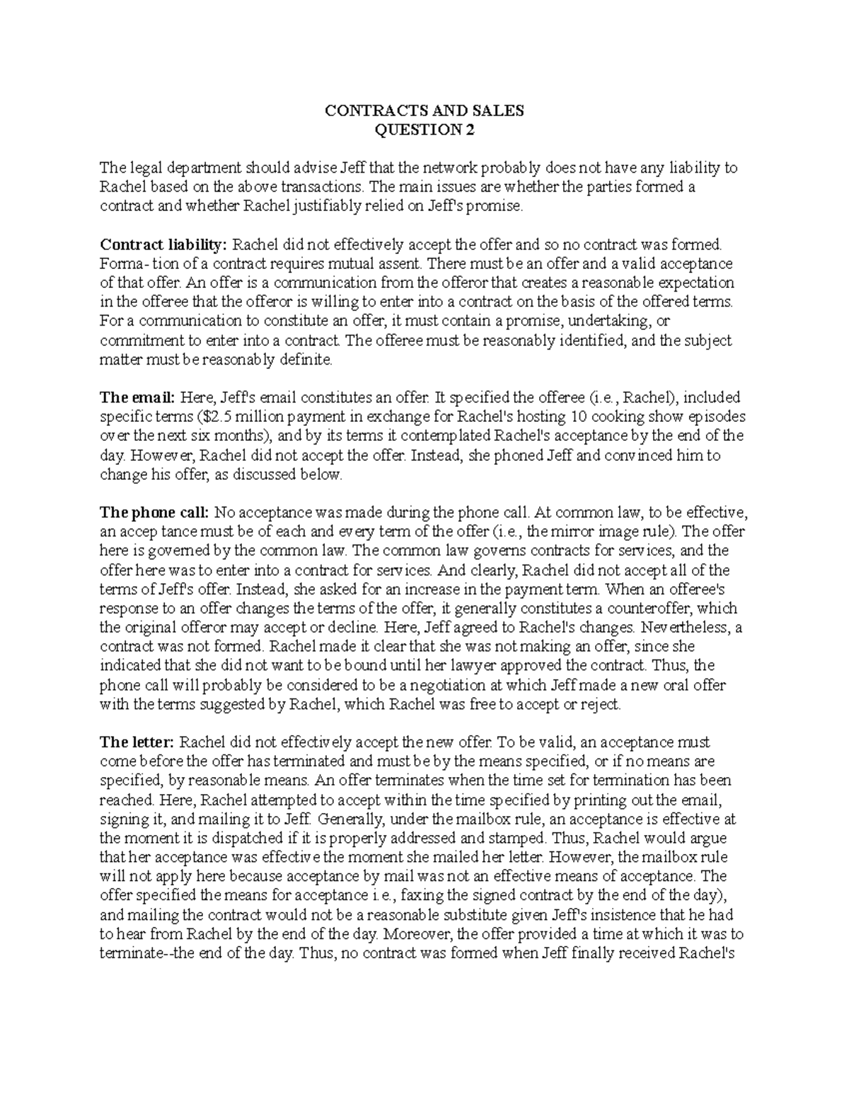 Contracts Essay 2: Examining Contract Formation & Liability Issues ...