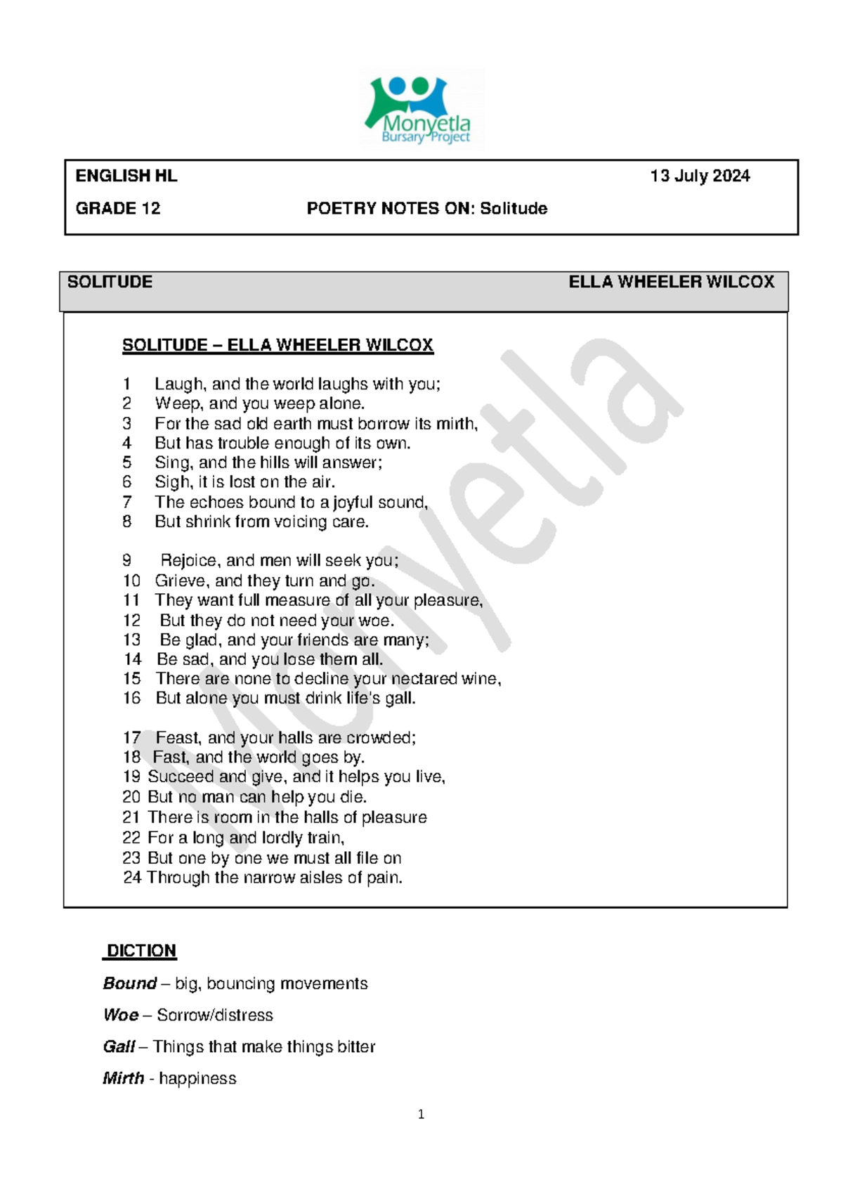 ENGLISH HL GRADE 12 POETRY NOTES: Solitude by Ella Wheeler Wilcox - Studocu