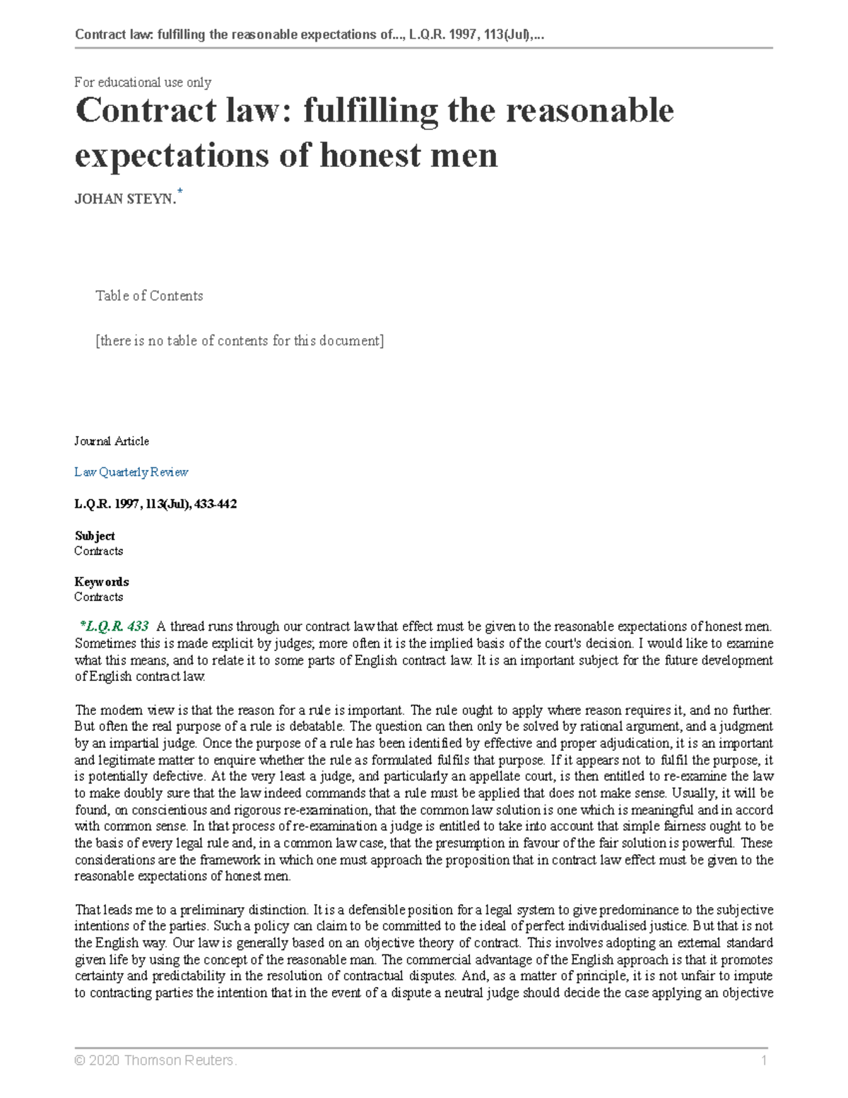 Contract Law (L.Q.R. 1997) and the Reasonable Expectations of Parties ...