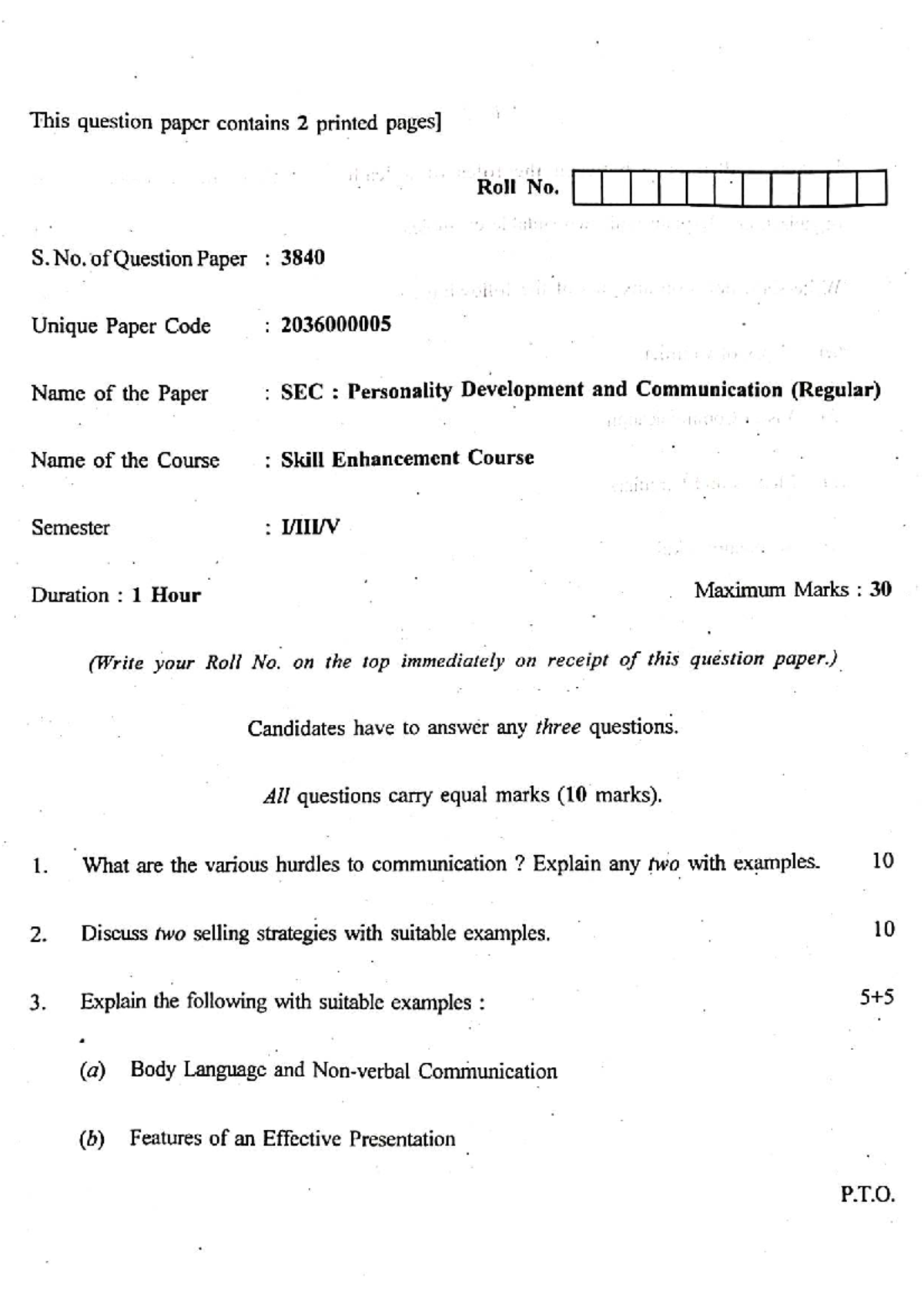 SEC: Personality Development & Communication Question Paper - Studocu