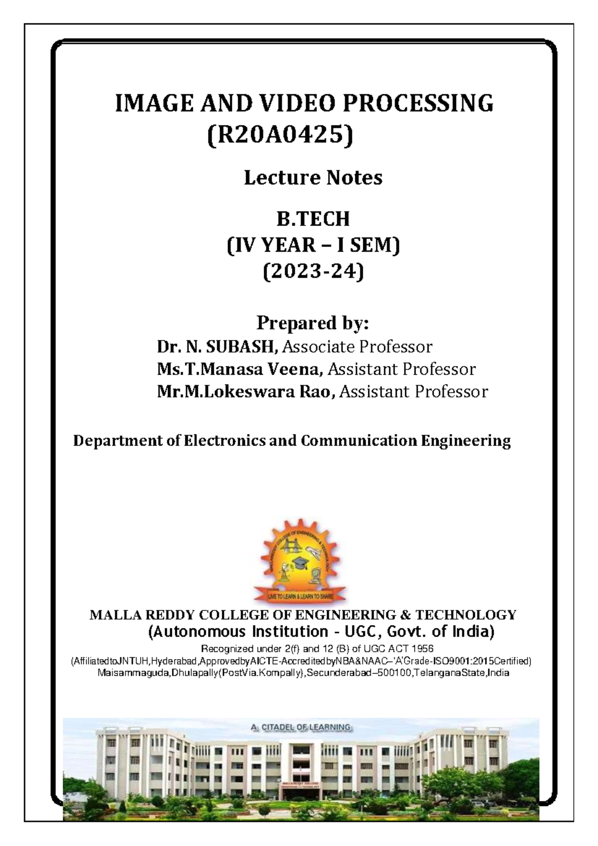 Image and Video Processing Lecture Notes (R20A0425) - 2023-24 - Studocu