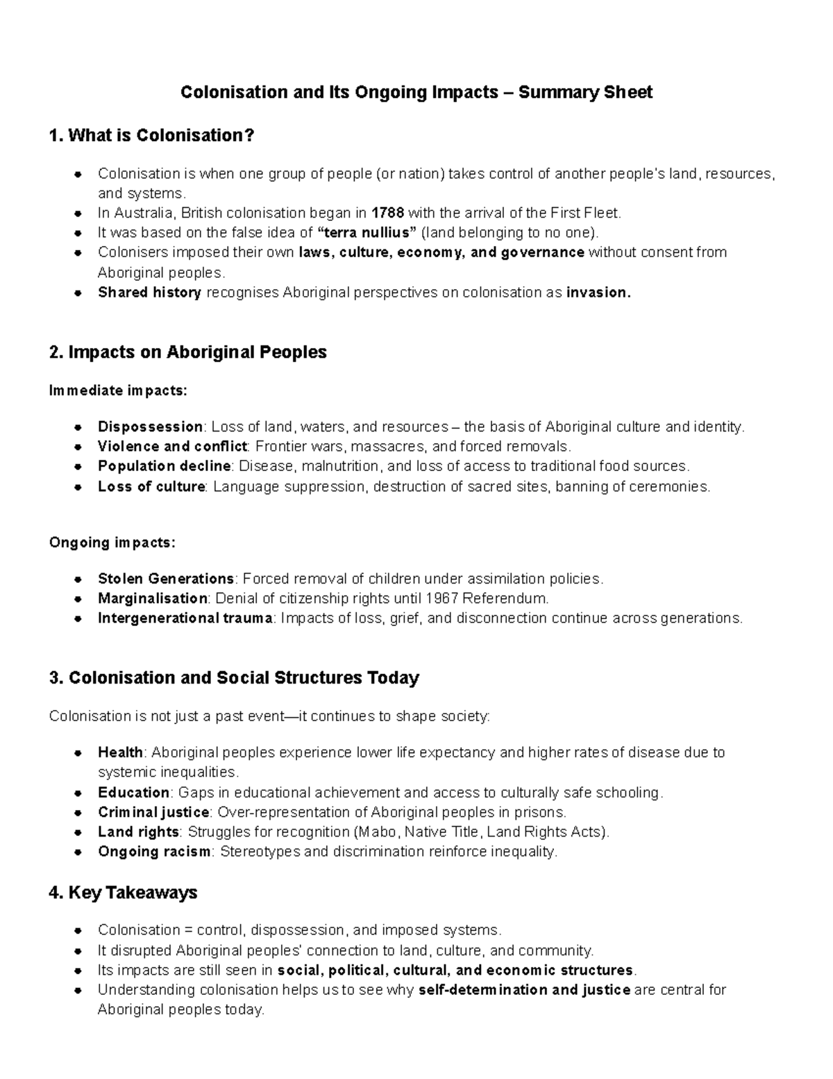 Colonisation and Its Ongoing Impacts: Summary Sheet Analysis - Studocu