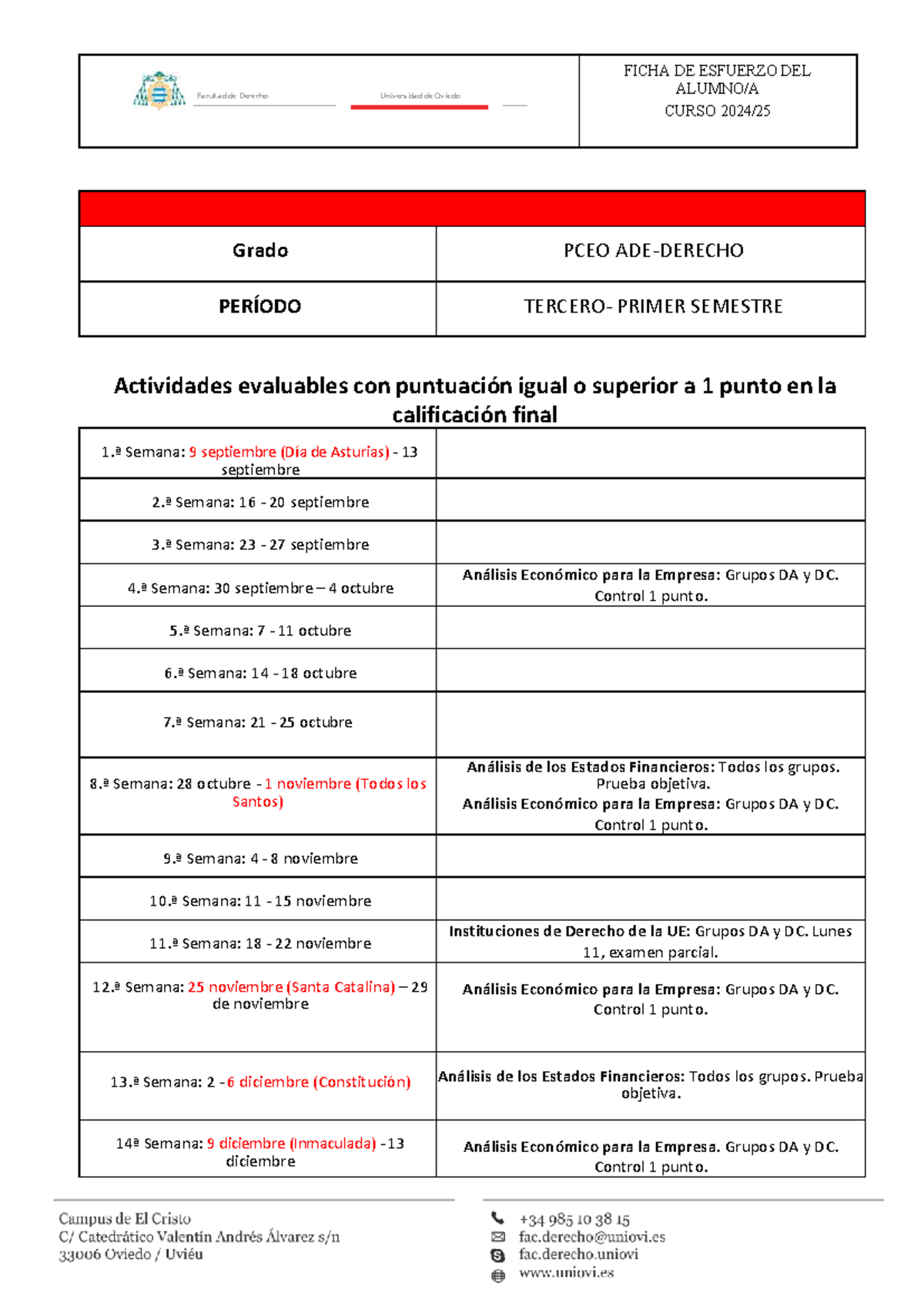 FICHA DE ESFUERZO 1º Semestre Grado PCEO ADE-Derecho - Studocu
