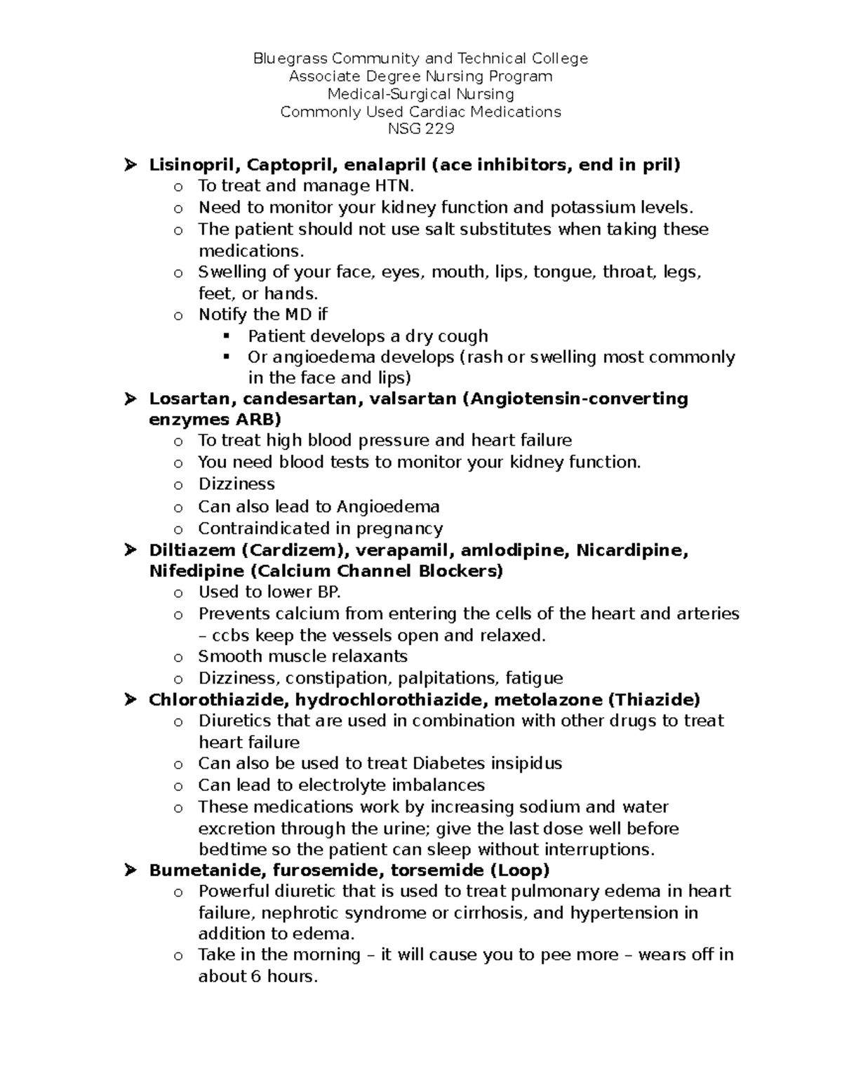 Commonly Used Cardiac Medications - Associate Degree Nursing Program ...