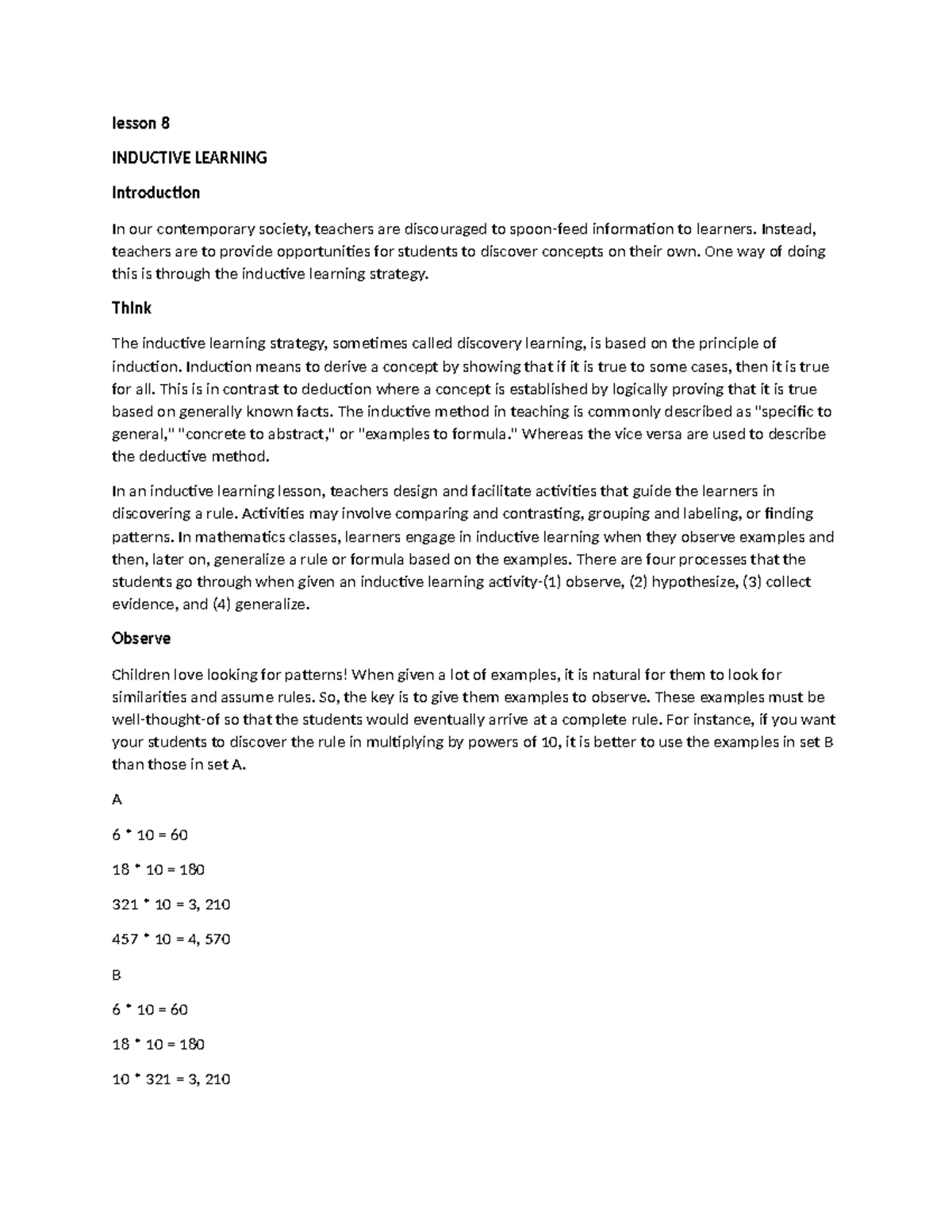 Inductive Learning Strategies for Teaching Mathematics - Lesson 8 - Studocu