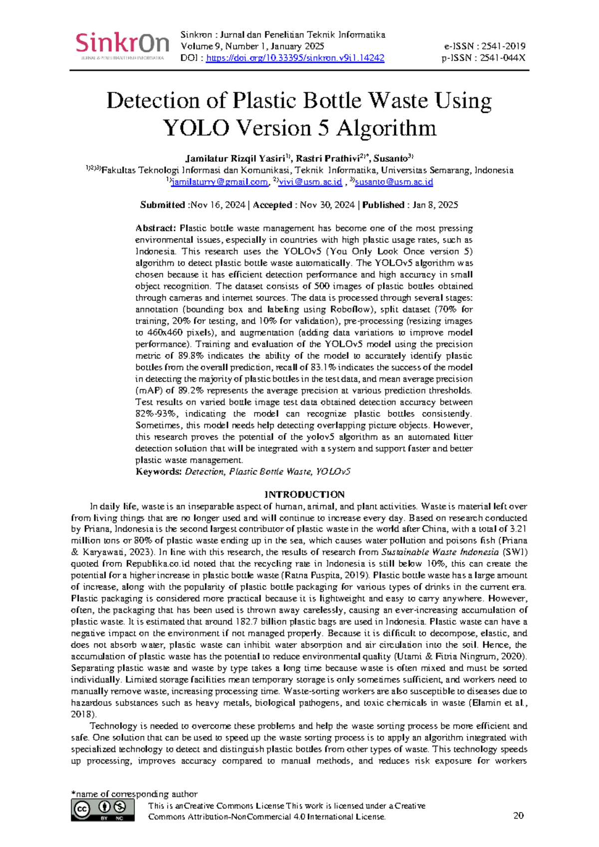 Detection of Plastic Bottle Waste Using YOLOv5 Algorithm - Sinkron ...