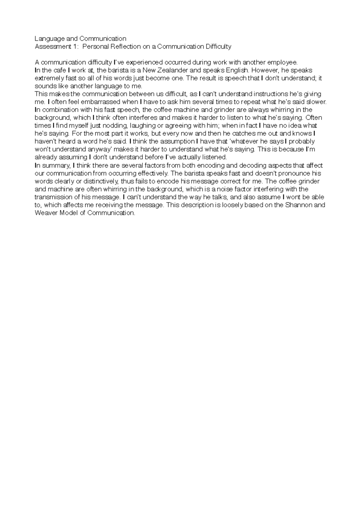 Language and Communication Assignment 1: Personal Reflection on ...