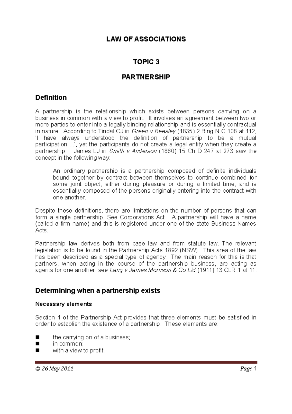 Partnership - Lecture Notes 1: Key Concepts and Legal Principles - Studocu