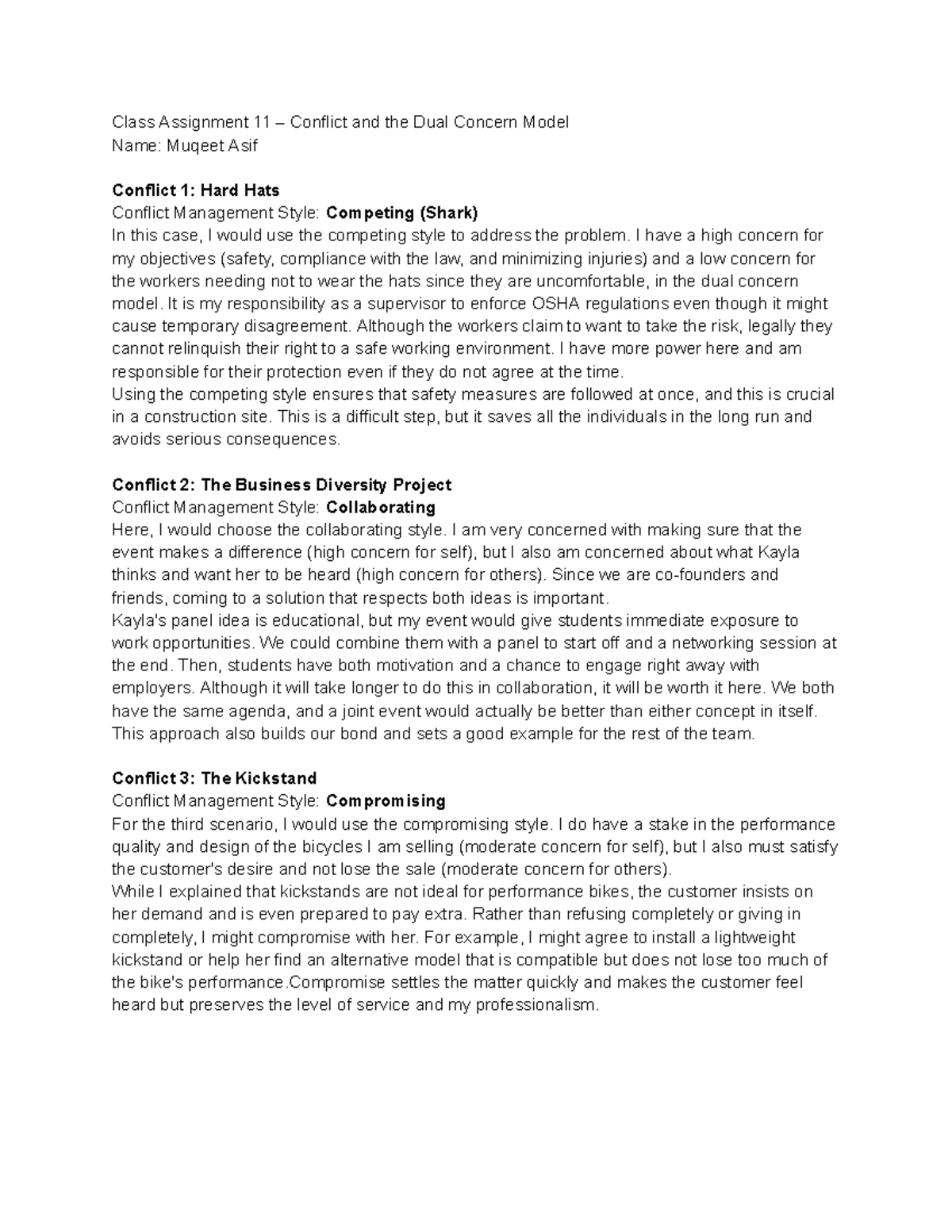 Class Assignment 11 – Conflict and the Dual Concern Model - Class ...