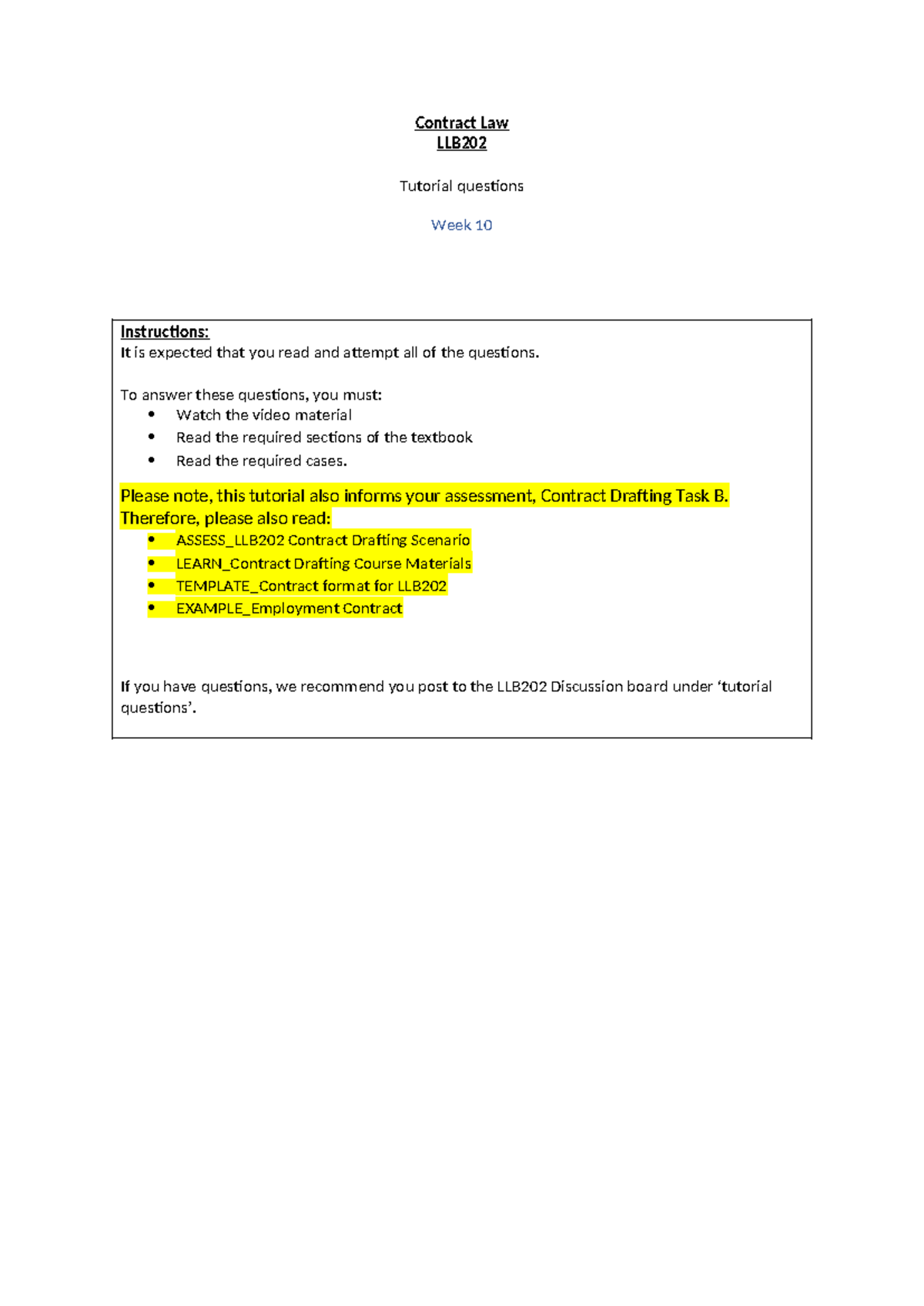 LLB202 Contract Law Week 10 Tutorial Questions and Instructions - Studocu