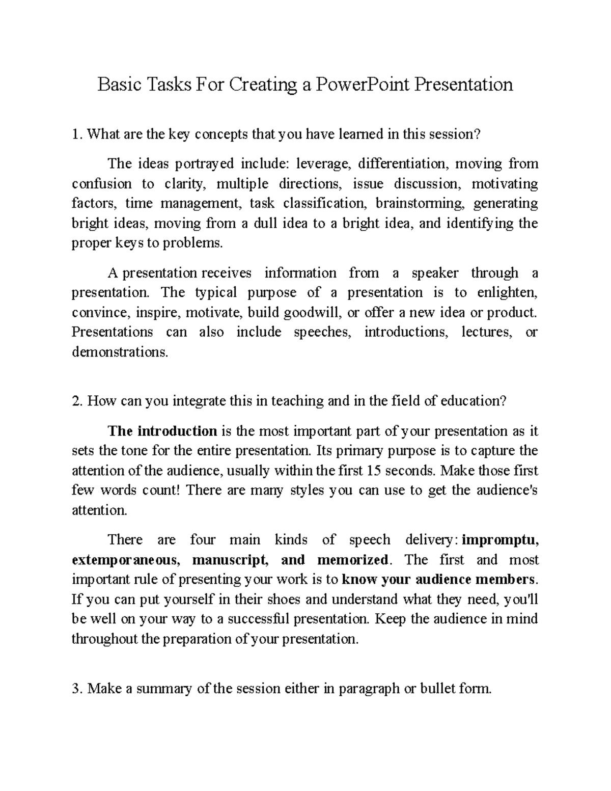 Basic Tasks For Creating a Power Point Presentation - A presentation ...