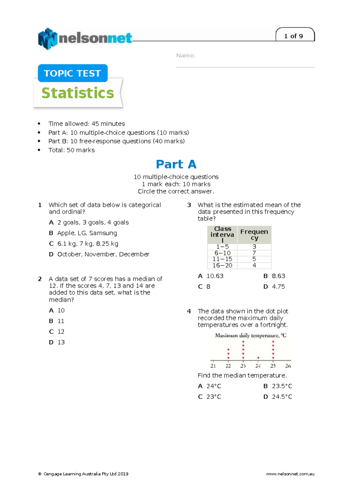 Statistics Topic Test (Course Code: 1 of 9) - 50 Marks Assessment - Studocu