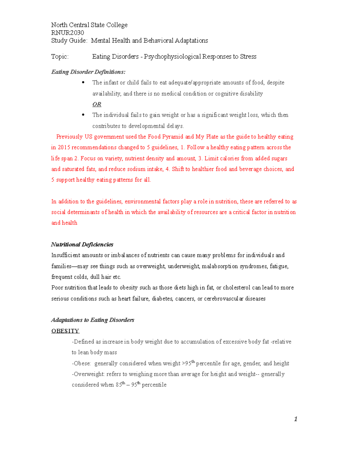 RNUR2030 Final Exam Study Guide: Eating Disorders & Adaptations - Studocu