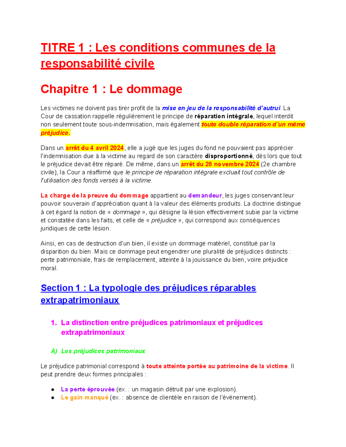 Chapitre 1 : Le Dommage - Cours de Droit des Obligations (DROIT 101 ...