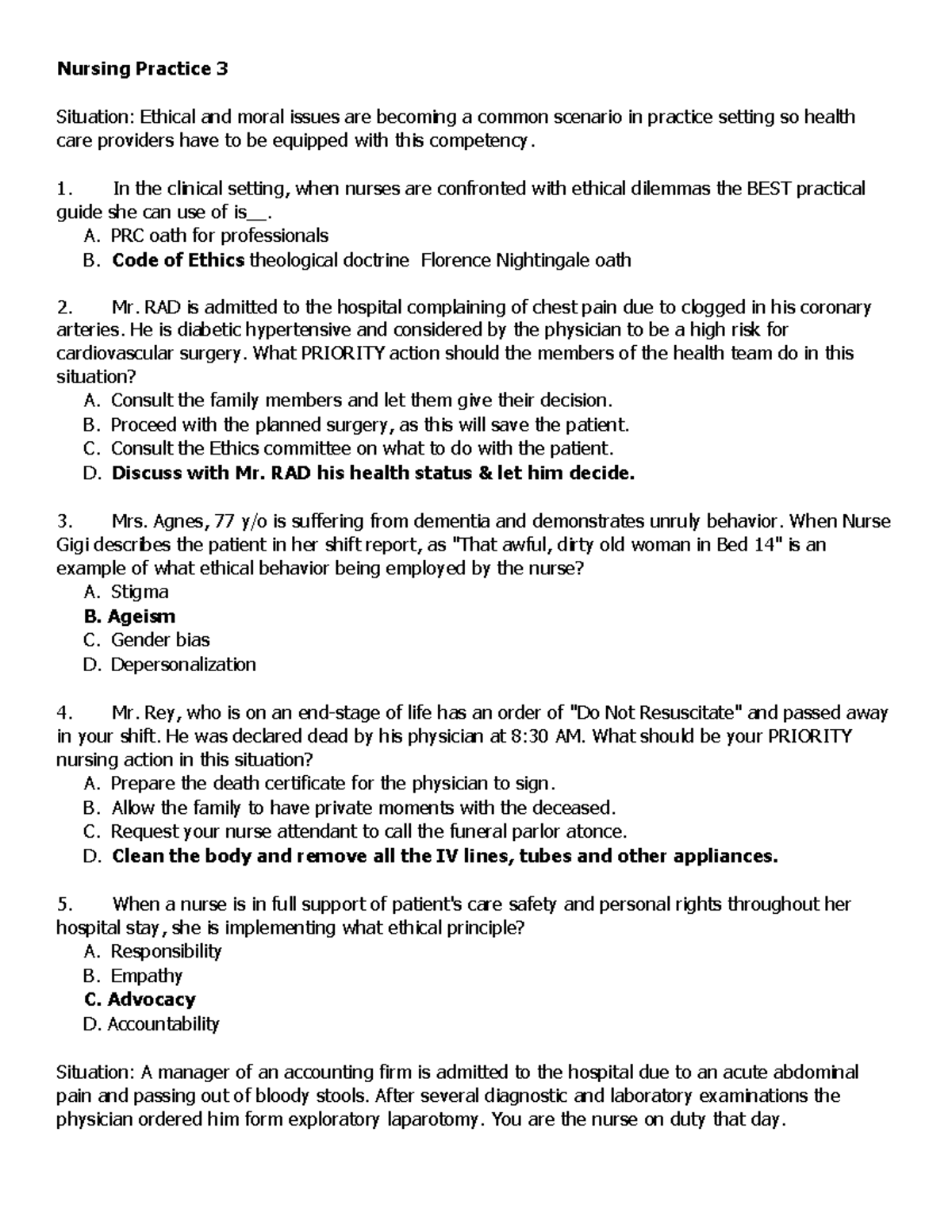 Nursing Practice 3: Ethical Dilemmas and Patient Care Scenarios - Studocu