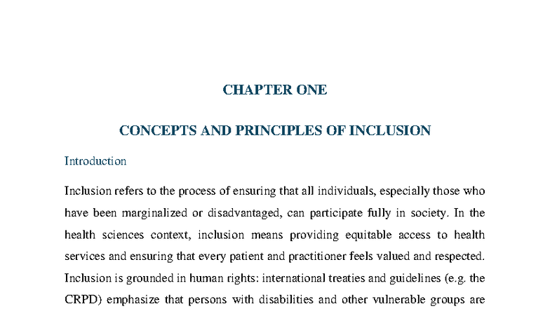 CHAPTER 1: CONCEPTS AND PRINCIPLES OF INCLUSION IN HEALTH - Studocu