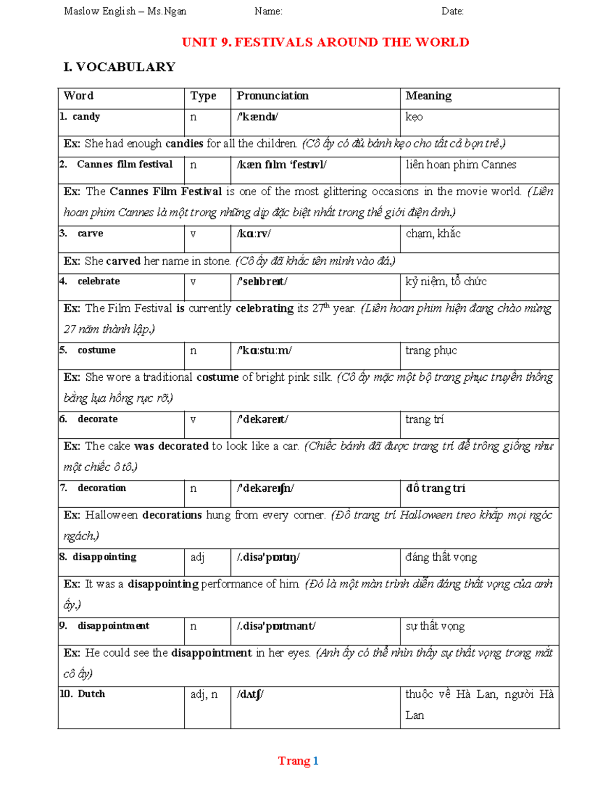 G6,7 Unit 9 - Festivals Around the World Vocabulary and Exercises - Studocu