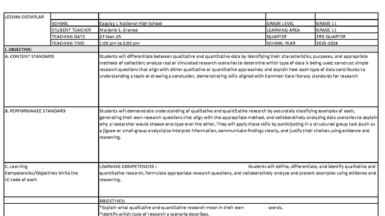 Grade 11 Lesson Plan: Qualitative vs. Quantitative Research - Studocu