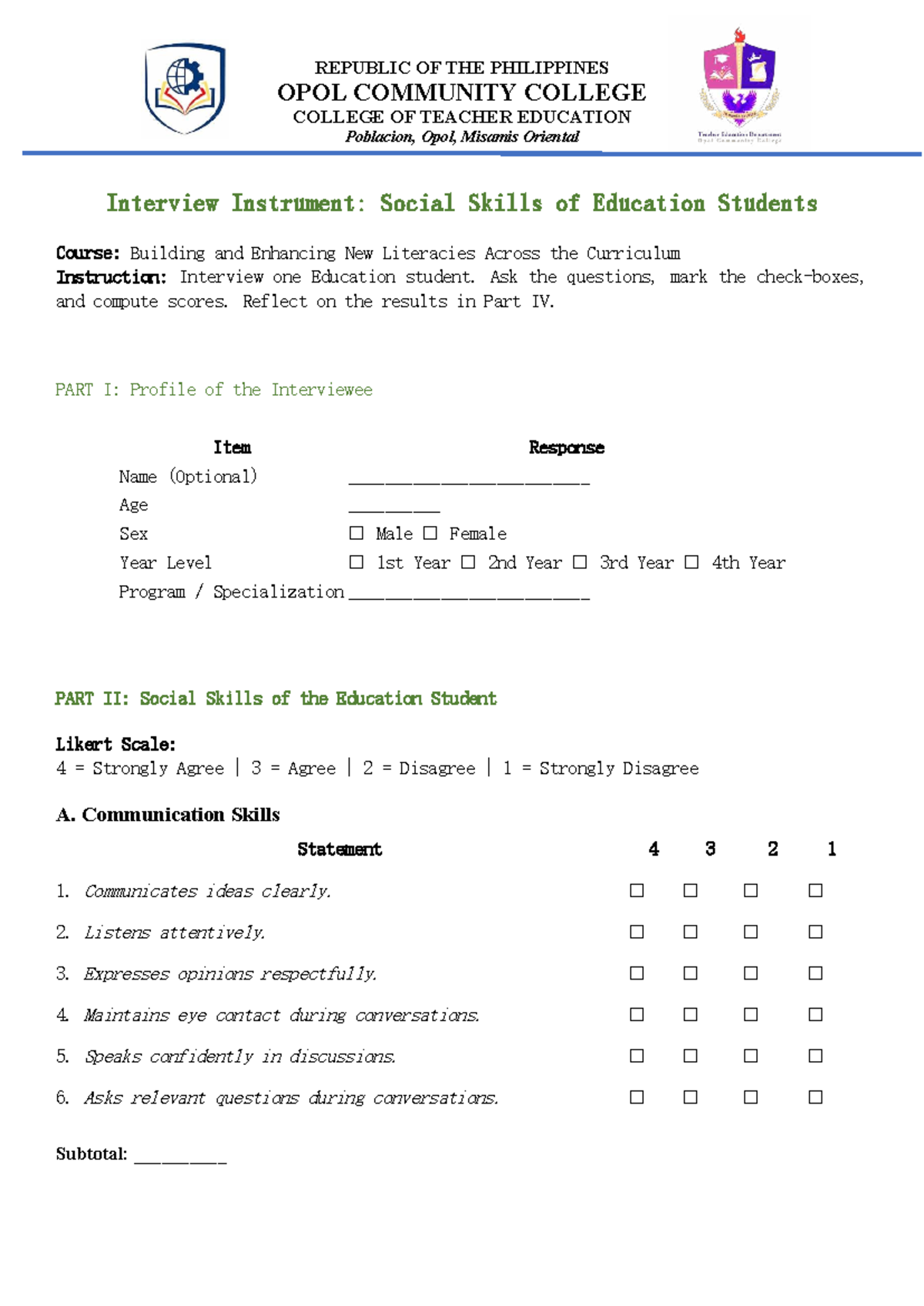 Interview Instrument: Social Skills of Education Students (EDUC 101 ...