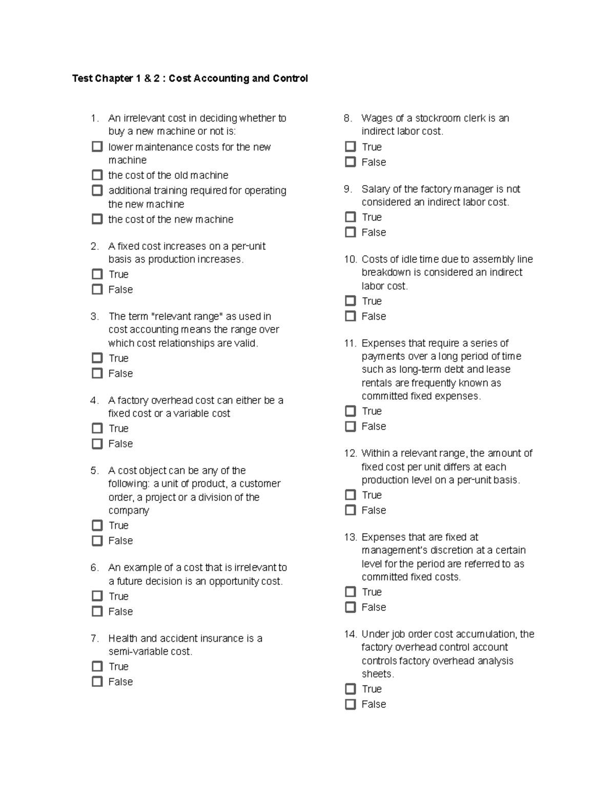 Cost Accounting and Control Tests: Chapters 1 & 2 Review - Studocu