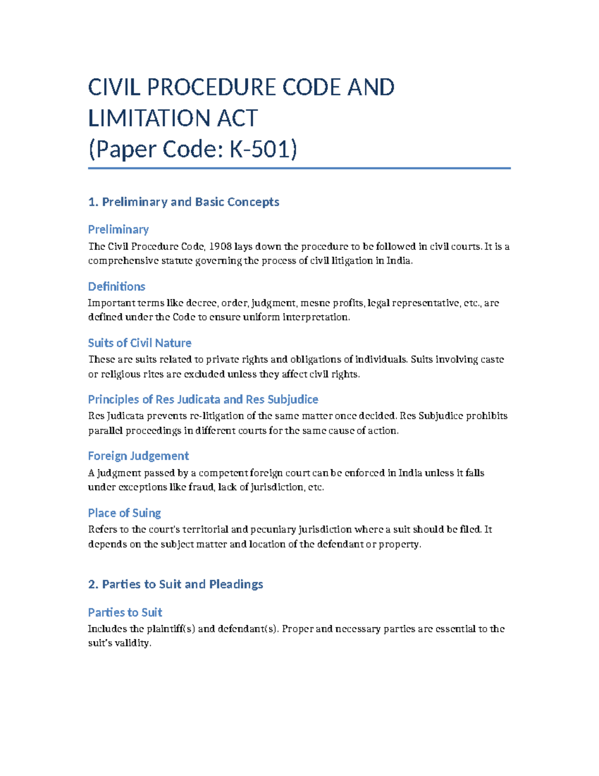 Civil Procedure Code & Limitation Act Overview (Paper Code: K-501 ...
