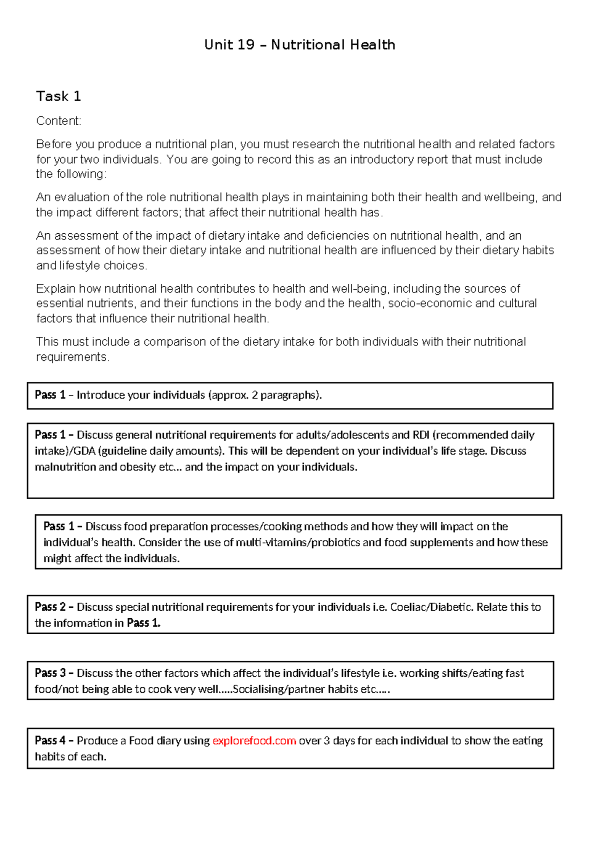 Unit 19: Nutritional Health - Assignment Brief for Task 1 - Studocu