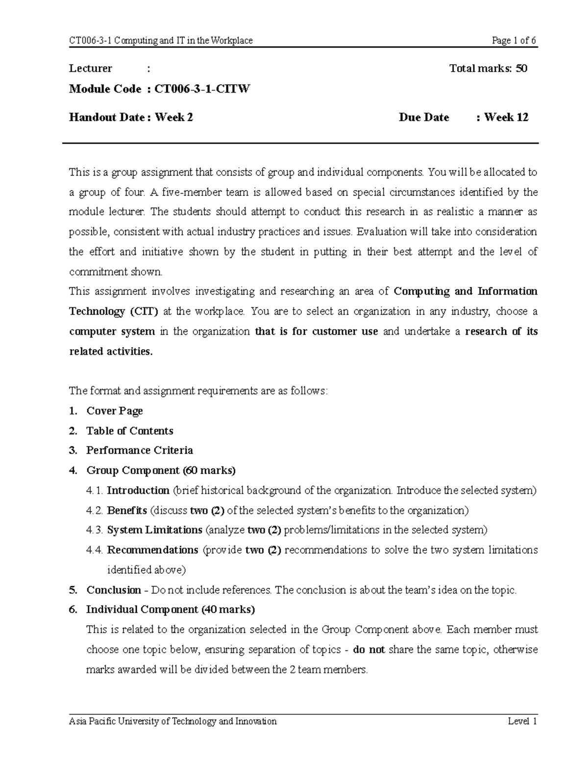 01 CITW Assignment 2019 OBE - Lecturer : Total marks: 50 Module Code ...