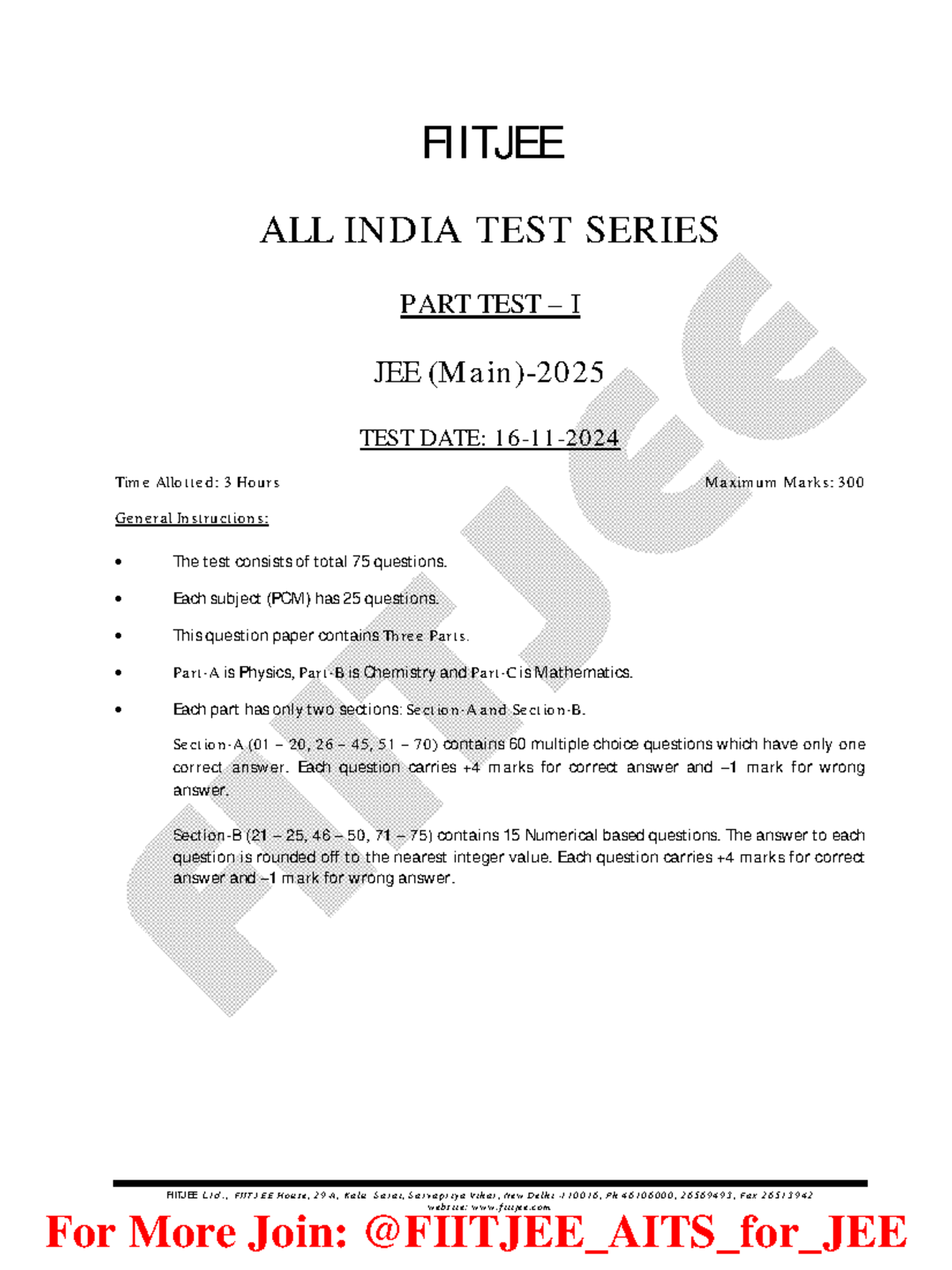 AITS 2425 Part Test I - JEE Offline Exam Paper - Studocu