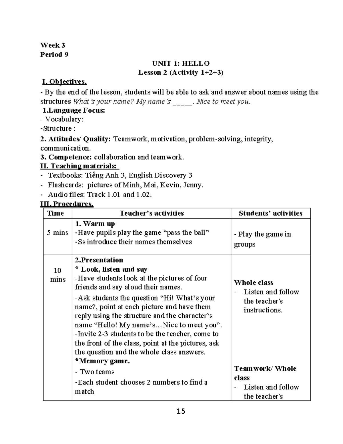 Week 3 UNIT 1: HELLO Lesson 2-5 Activities and Objectives - Studocu