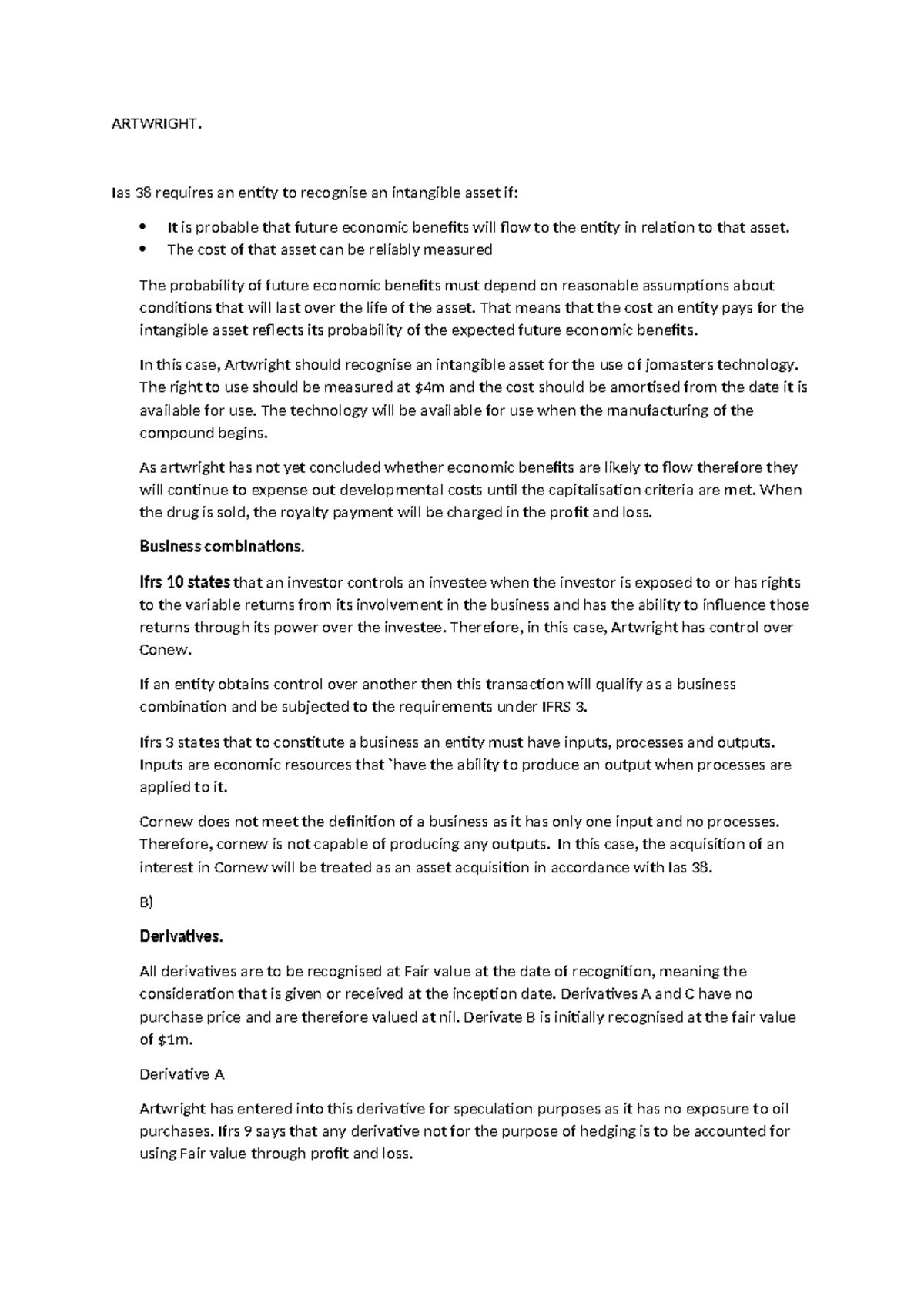 Artwright's Intangible Assets and Derivatives Under IAS 38 & IFRS 9 ...